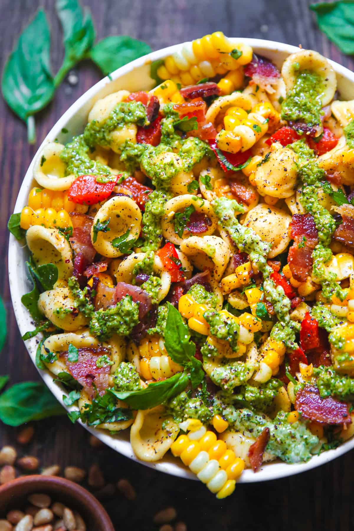 Corn Pasta Salad with Bacon and Creamy Pesto Dressing