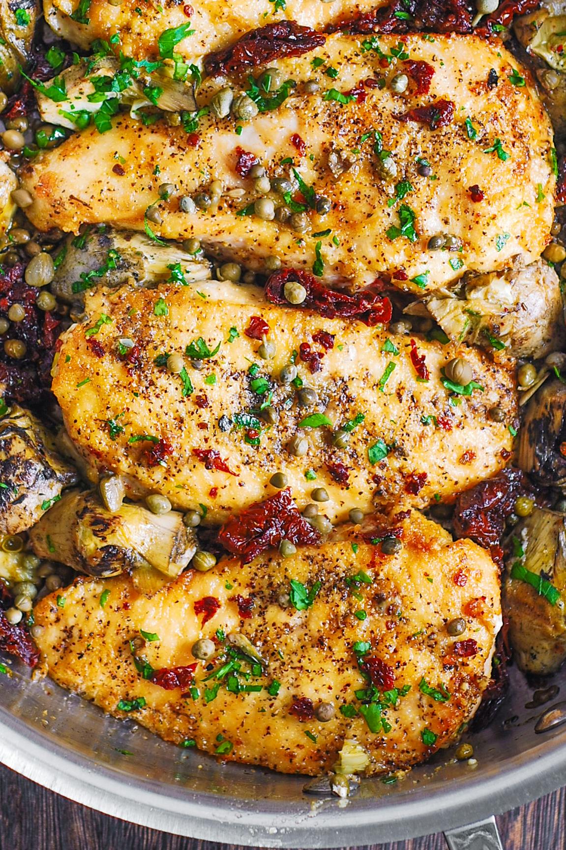 Mediterranean Chicken with Sun-Dried Tomatoes, Artichokes, and Capers.