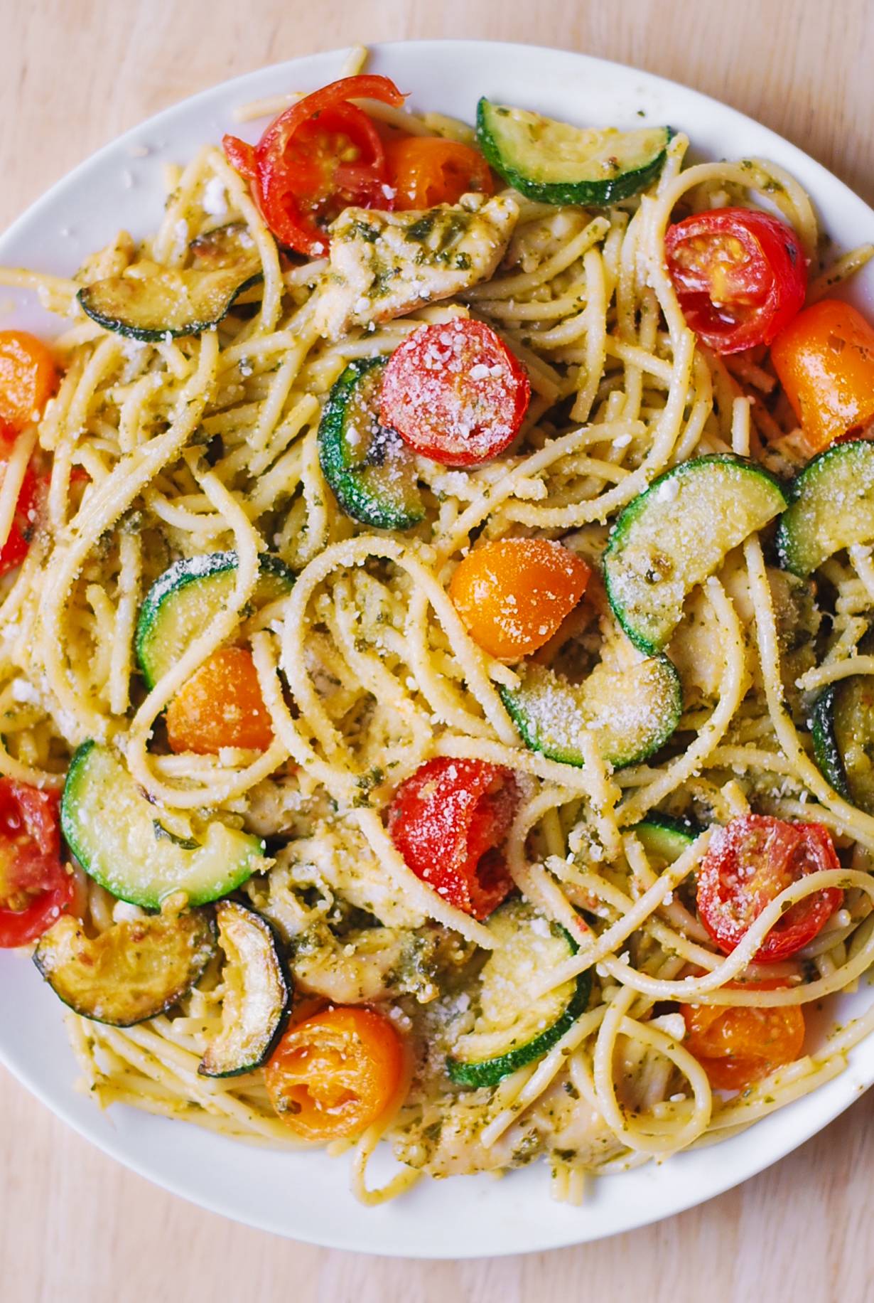 Parmesan Zucchini Tomato Chicken Spaghetti with Basil Pesto