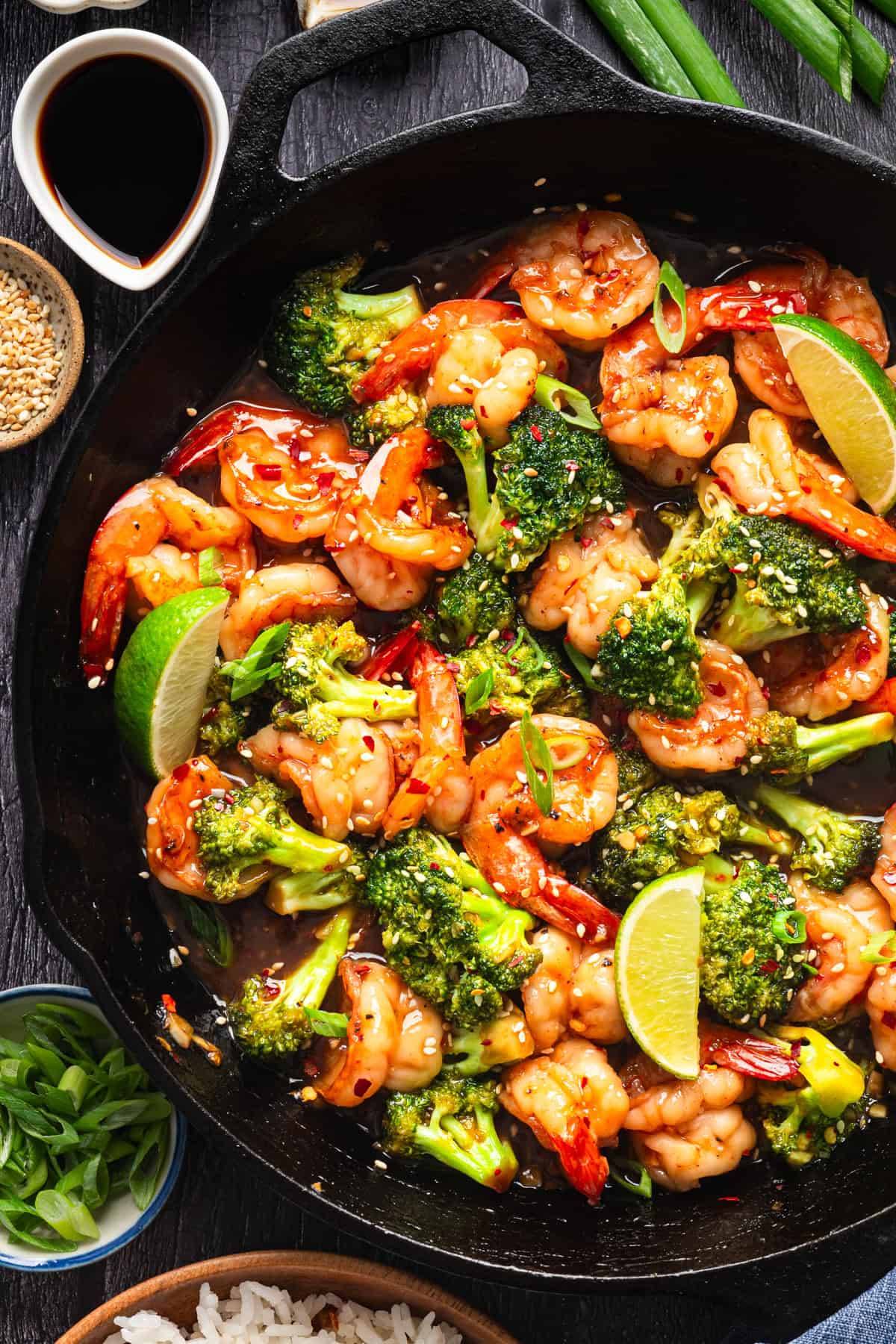 Honey Garlic Shrimp in a cast iron skillet.