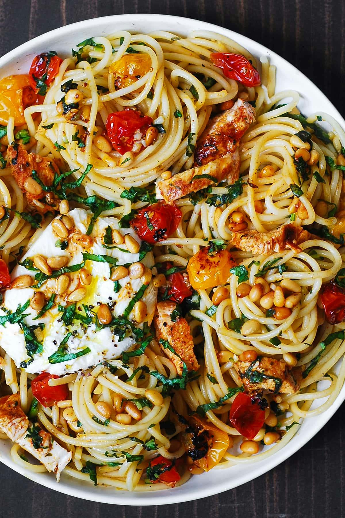Chicken Spaghetti with Burrata Cheese, Cherry Tomatoes, Pine Nuts, and Lemon Butter Garlic Sauce