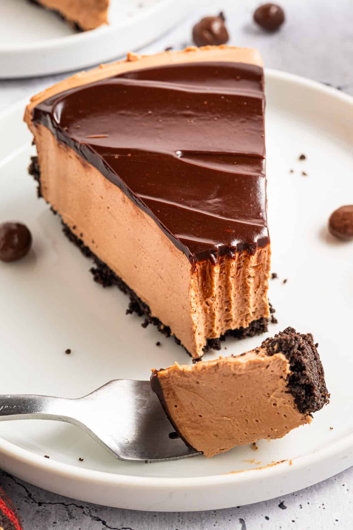 A slice of No-Bake Mocha Cheesecake on a plate.