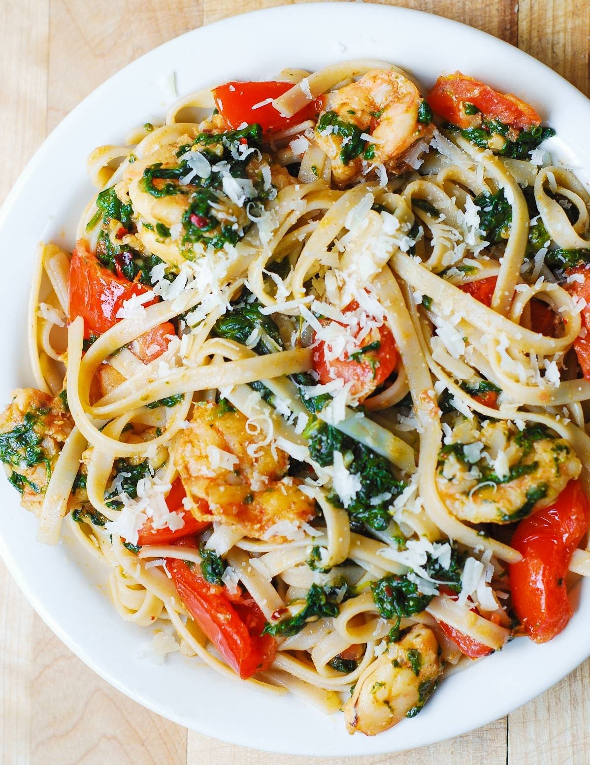 Shrimp Tomato Spinach Pasta in Garlic Butter Sauce.