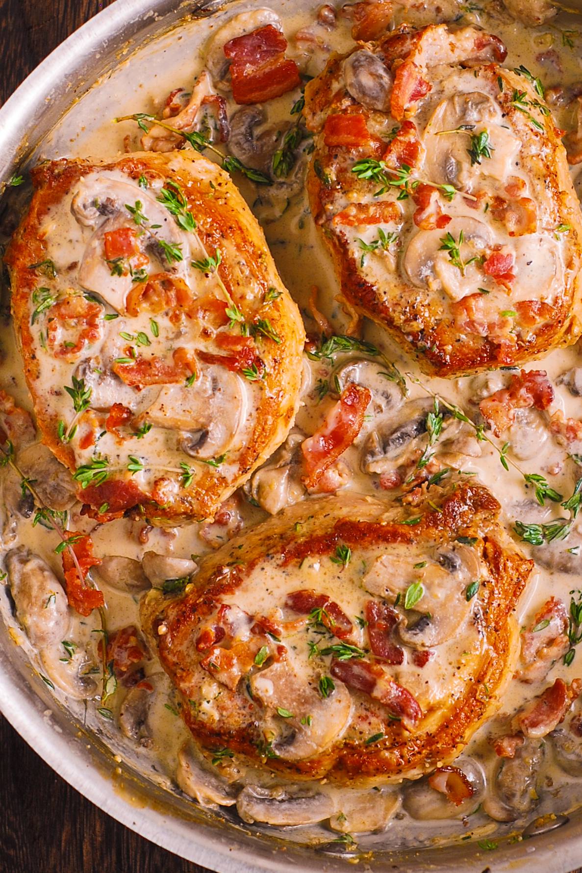 Bacon and Mushrooms Pork Chops with Creamy Thyme Sauce