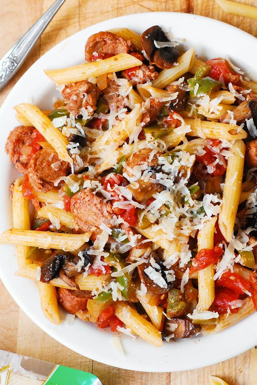 Italian Sausage Pasta with Vegetables and Red Wine.