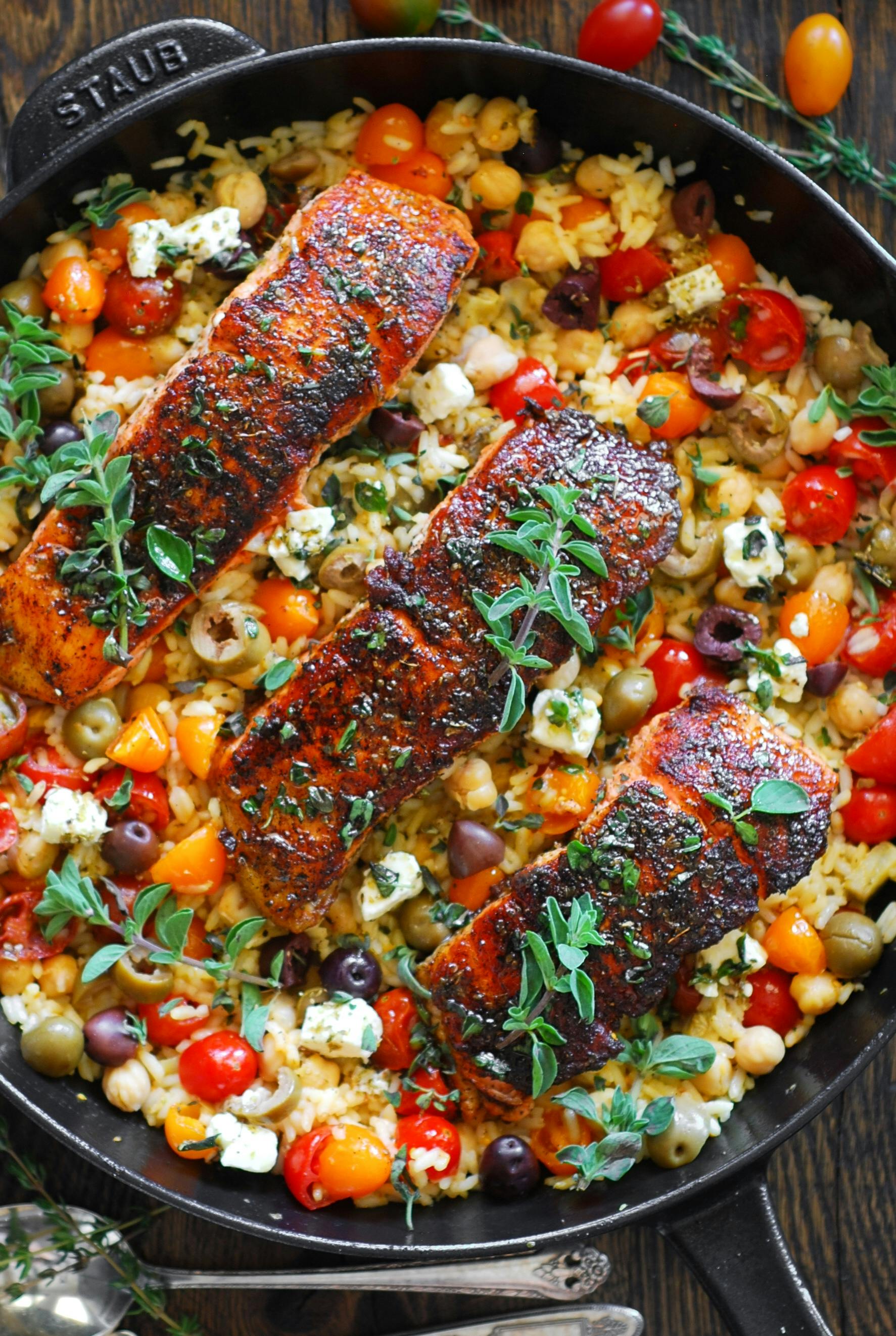 Mediterranean Salmon with Lemon Rice, Chickpeas, Tomatoes, Olives, Feta