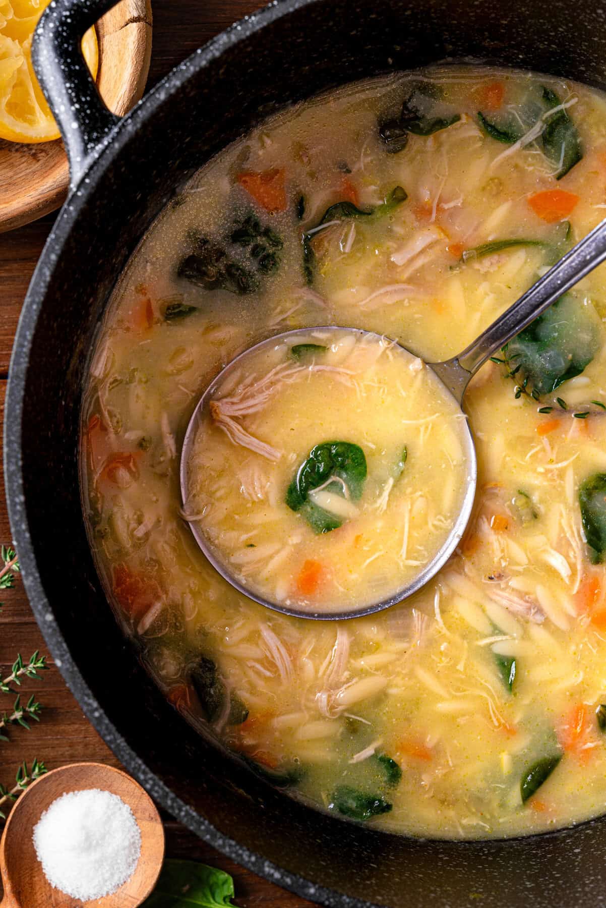 Lemon Chicken Orzo Soup in a Dutch oven.
