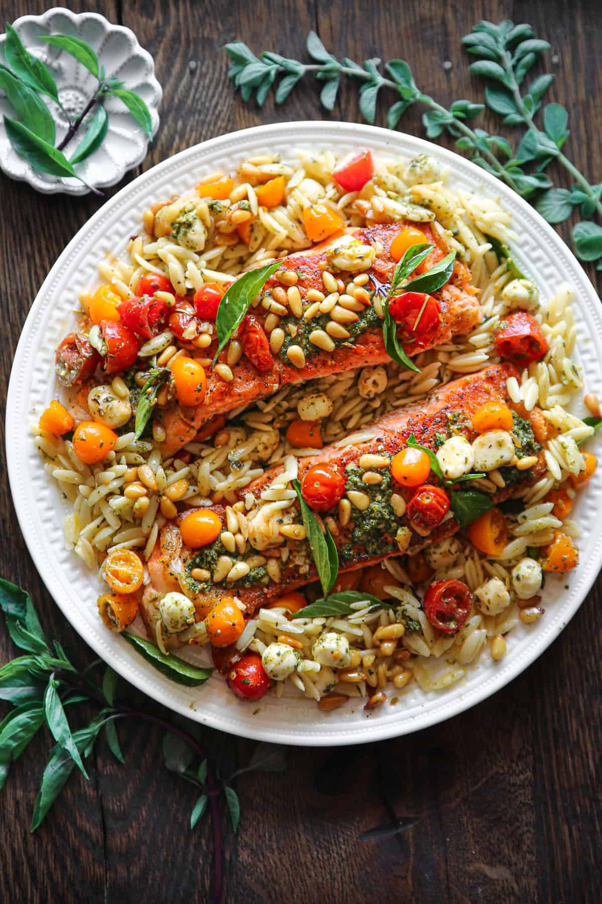 Mediterranean Salmon Orzo on a large plate.