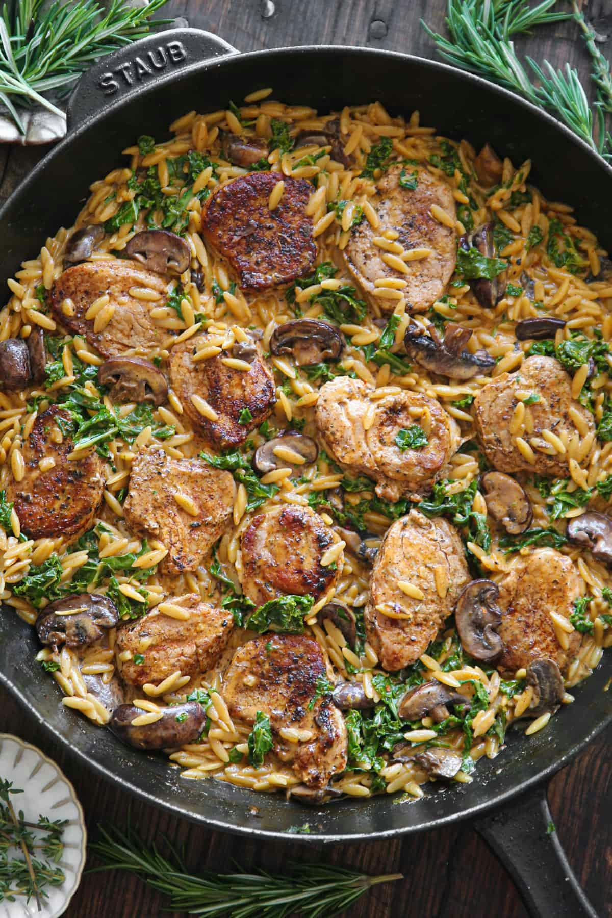 Creamy Pork Tenderloin Medallions with Orzo, Spinach, and Mushrooms.