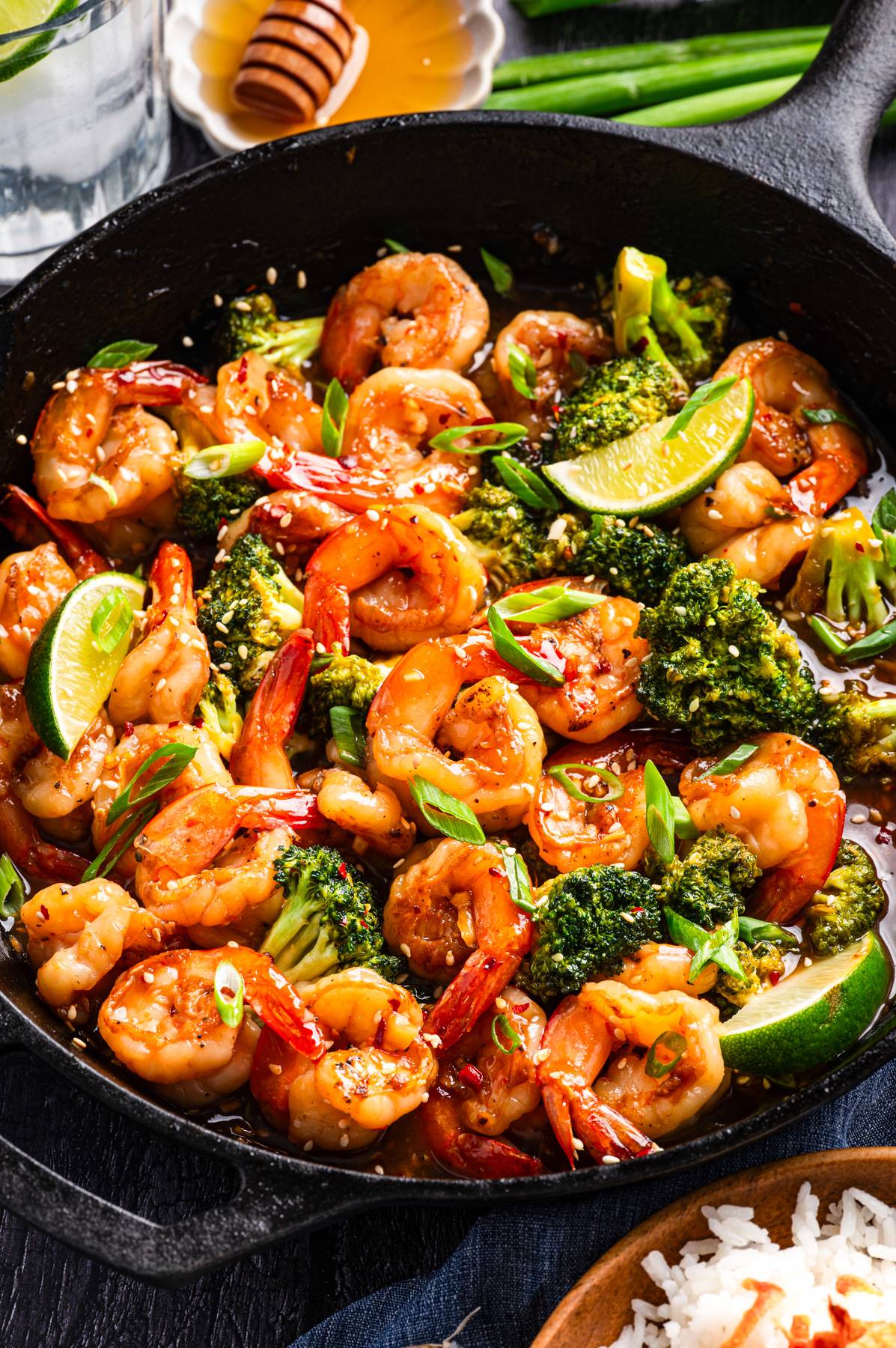 Honey-Garlic Shrimp with Broccoli in a cast iron skillet.