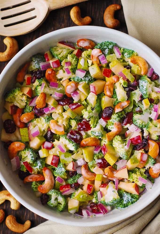 Broccoli Cashew Salad with Apples, Pears, and Cranberries