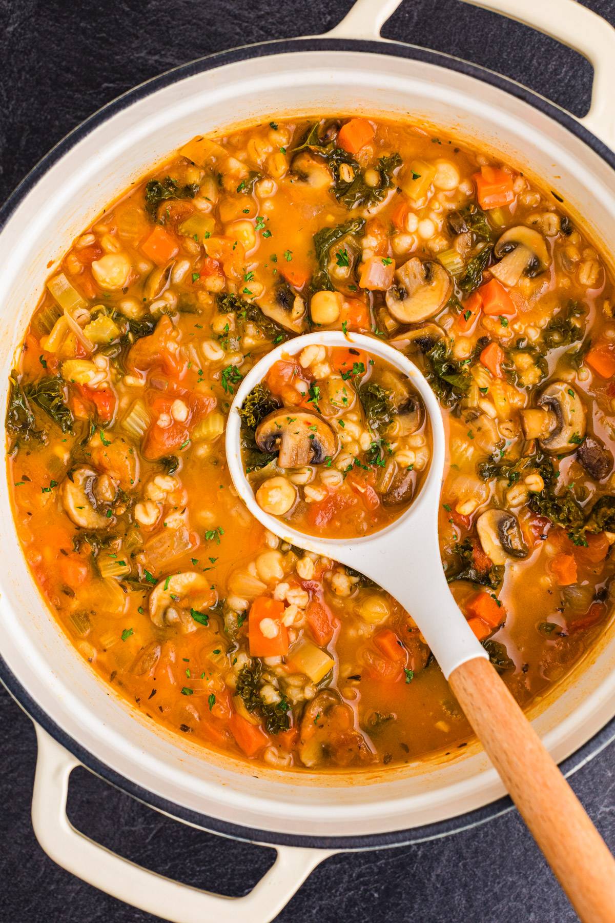 Vegetable Barley Soup (with mushrooms, chickpeas, kale, tomato–herb broth) in a white soup pot.