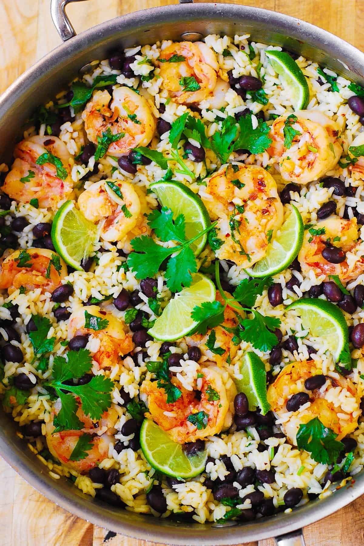 Cilantro-Lime and Black Bean Shrimp and Rice in a stainless steel pan.