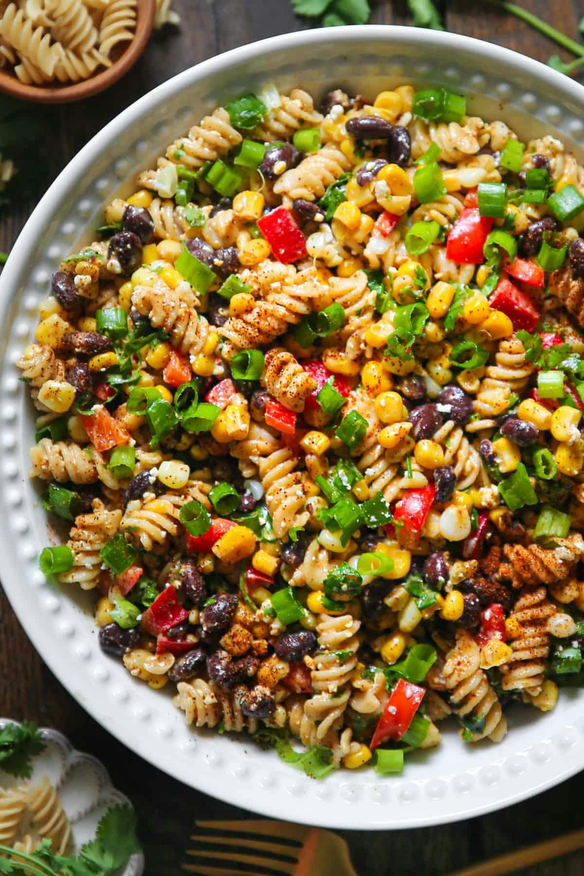 Mexican Street Corn Pasta Salad with Black Beans, Bell Peppers, and Cotija Cheese