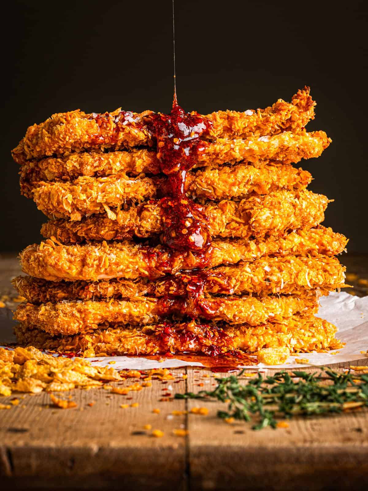 Best Crispy Baked Chicken (chicken slices stacked on each other), drizzled with red hot honey sauce.