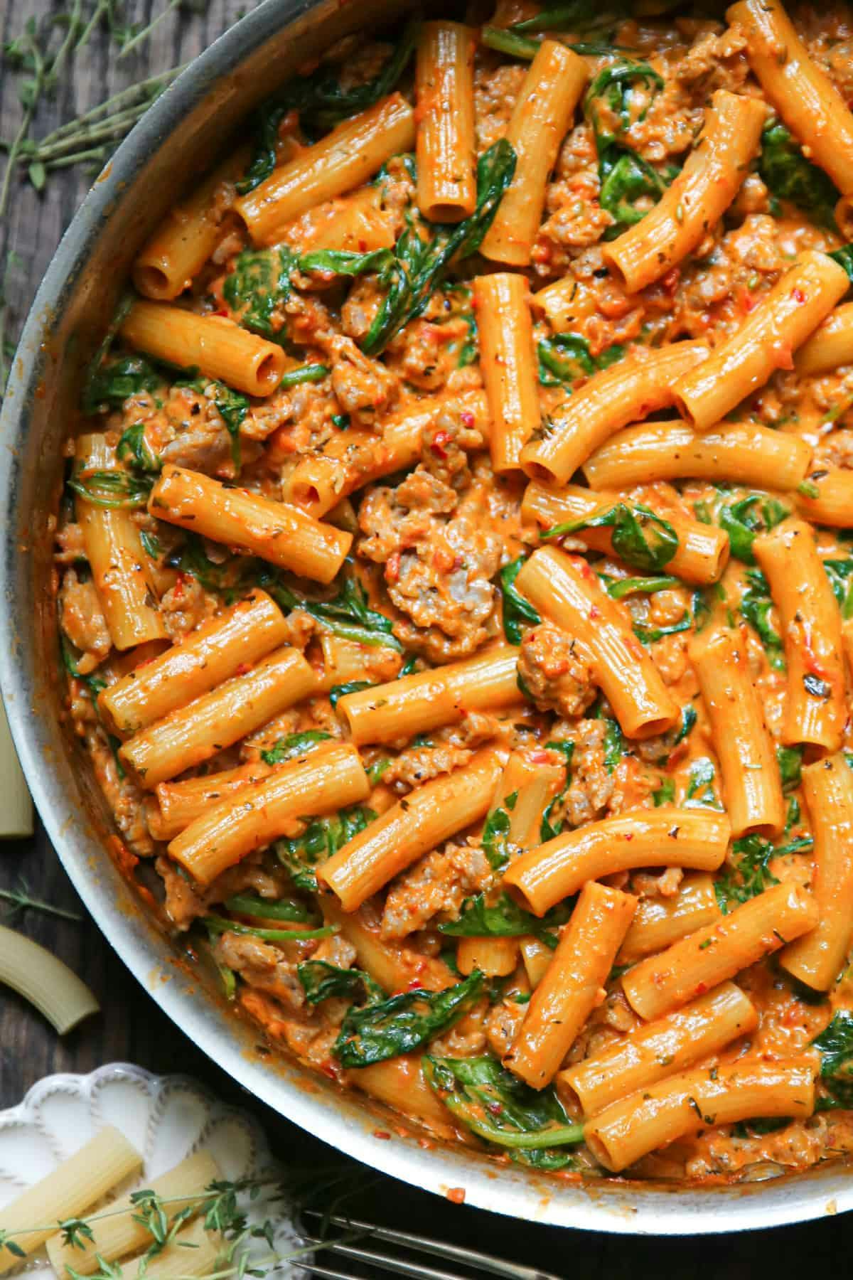 Creamy Sausage Rigatoni with Spinach and Tomato Sauce