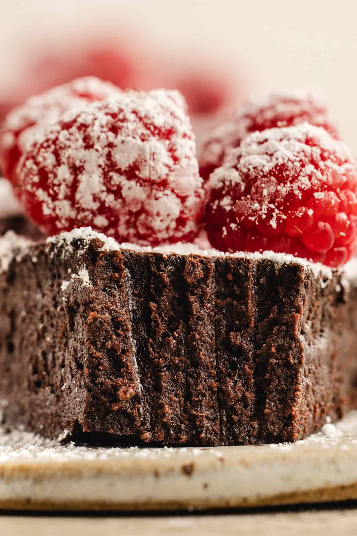 A slice of Flourless Chocolate Cake on a plate (topped with raspberries).
