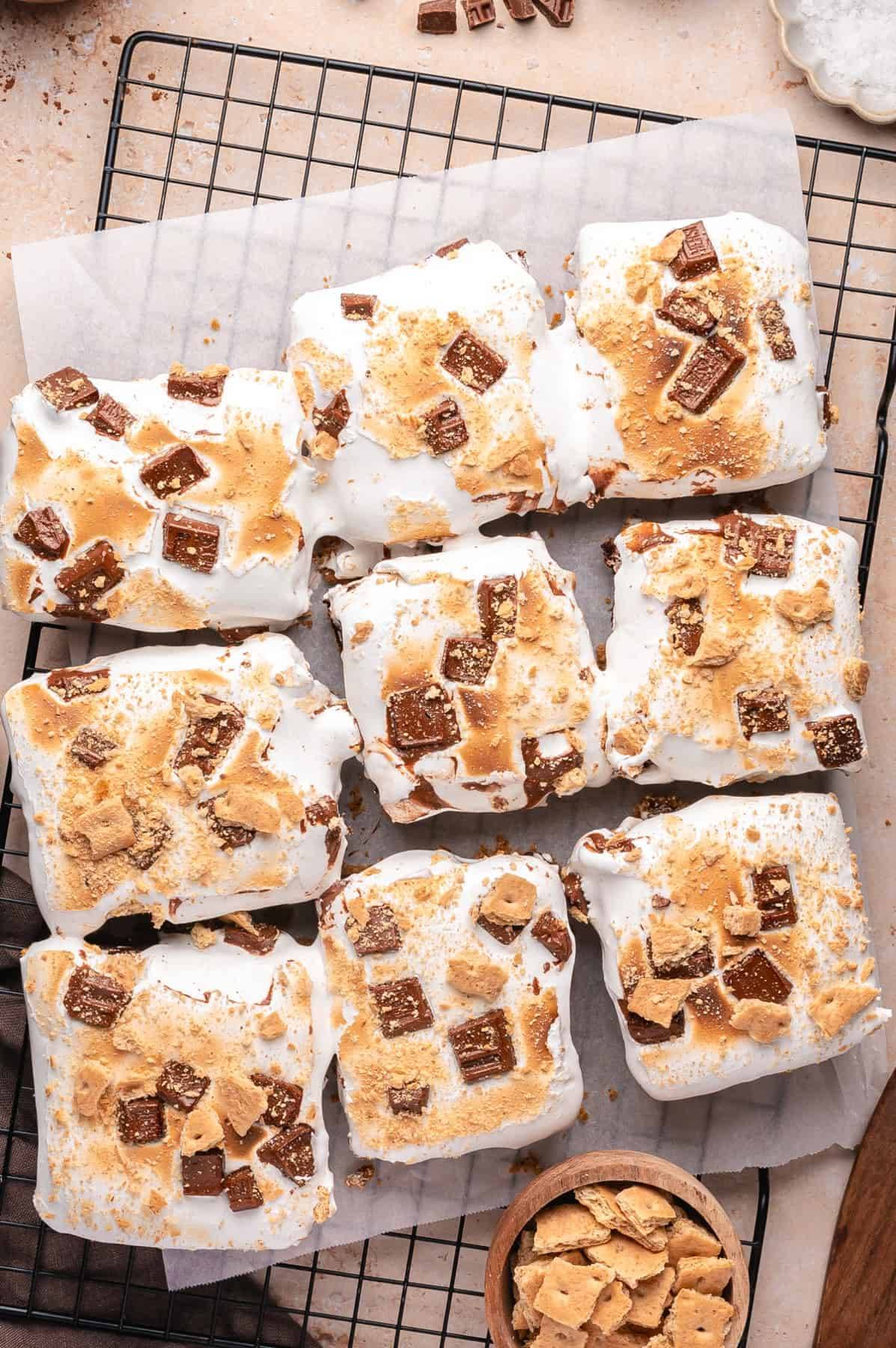 S'Mores Brownies (buttery graham cracker crust, super fudgy brownie layer, a torched Swiss meringue “marshmallow”)