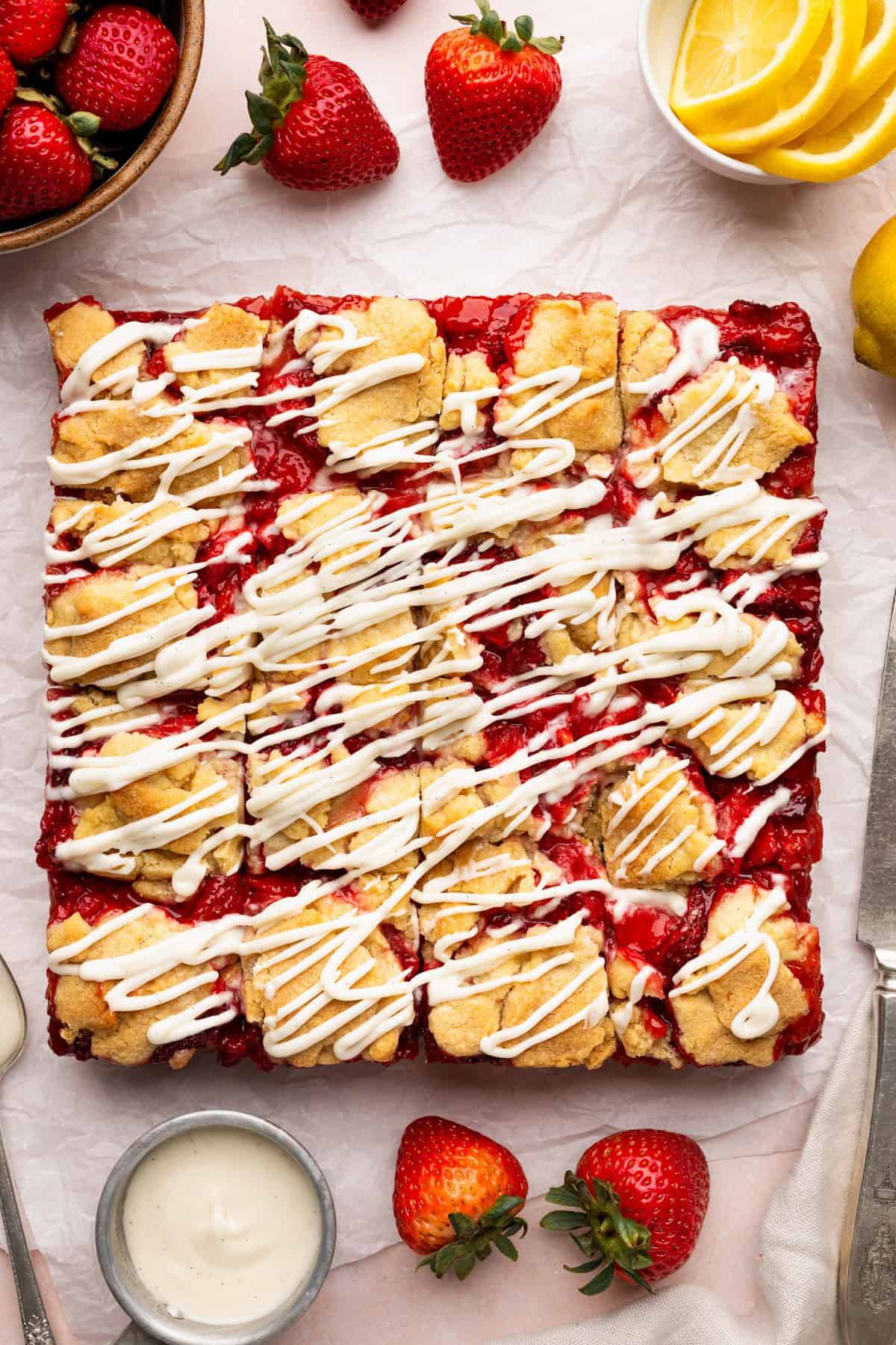 Strawberry Crumble Bars with Lemon Glaze