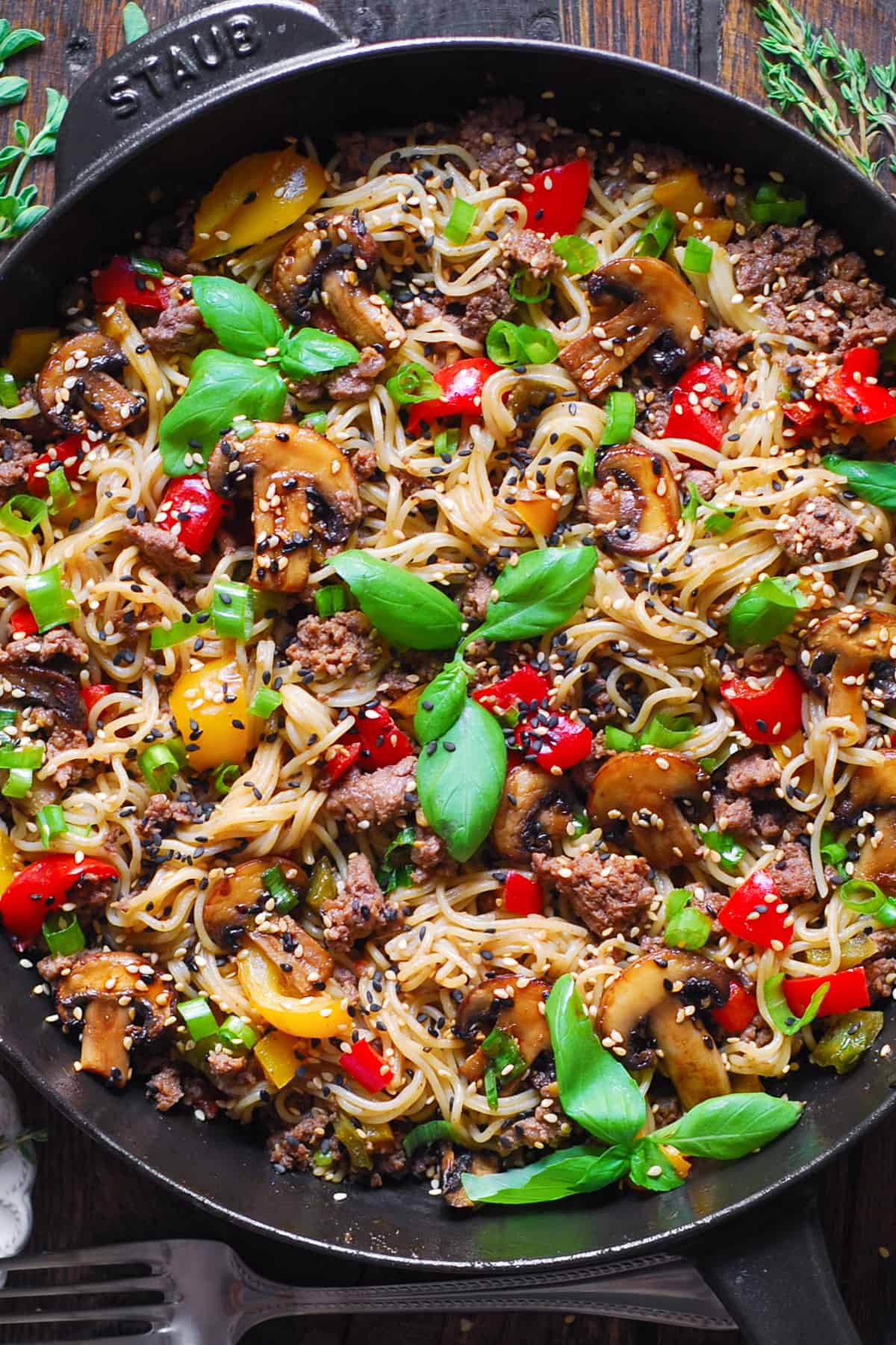 Ground Beef Ramen Noodles with Mushrooms and Bell Peppers.