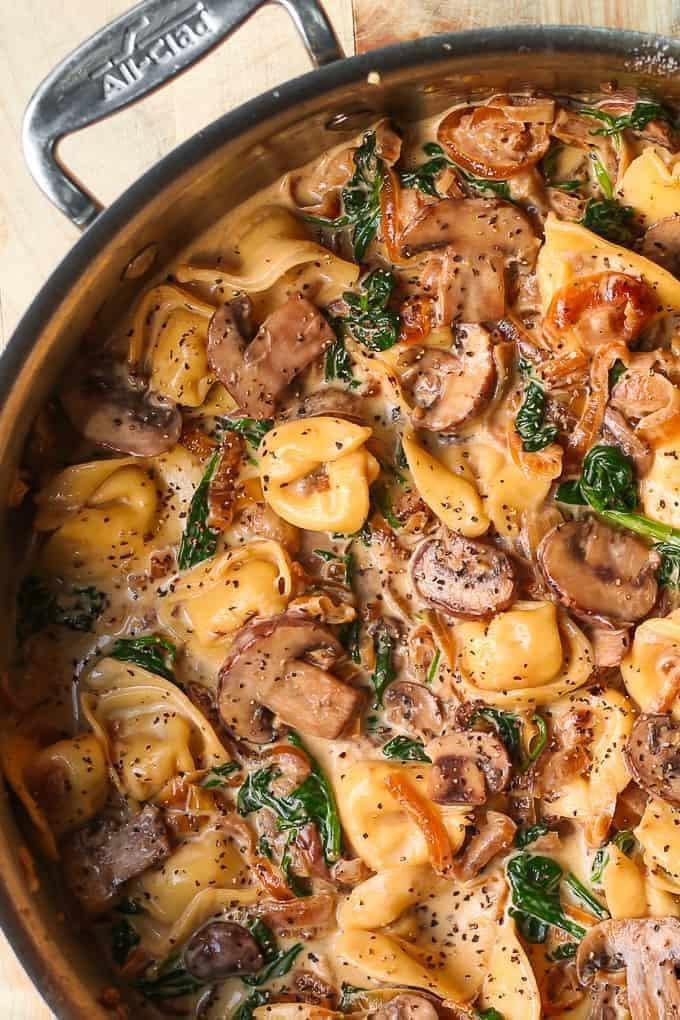 Creamy Spinach and Mushroom Tortellini with Caramelized Onions.