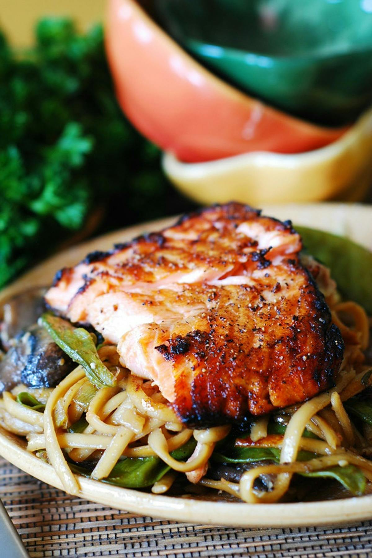 Asian Salmon and Noodles with Mushrooms and Snow Peas