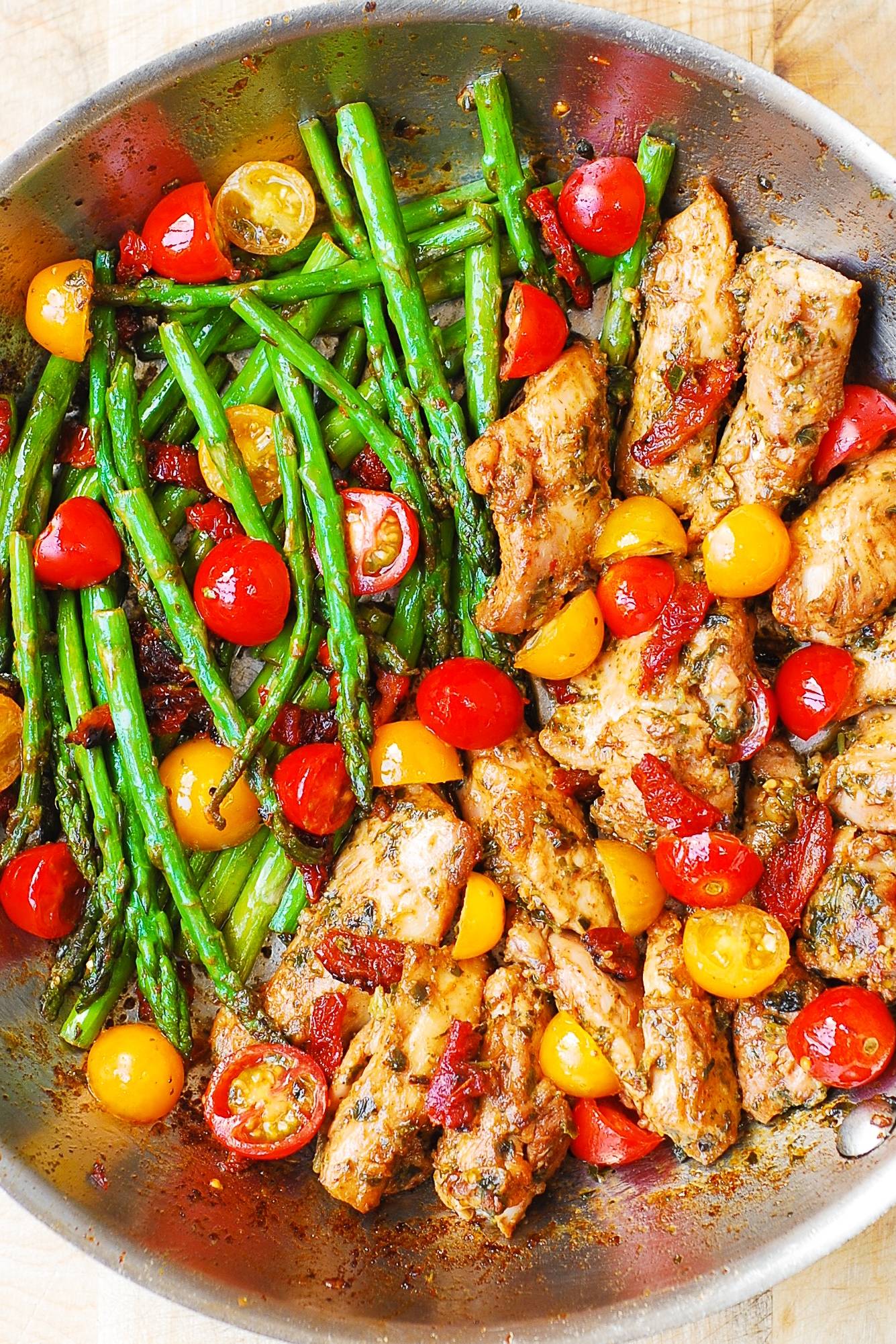 Pesto Chicken and Veggies (Asparagus, Sun-Dried and Grape/Cherry Tomatoes).