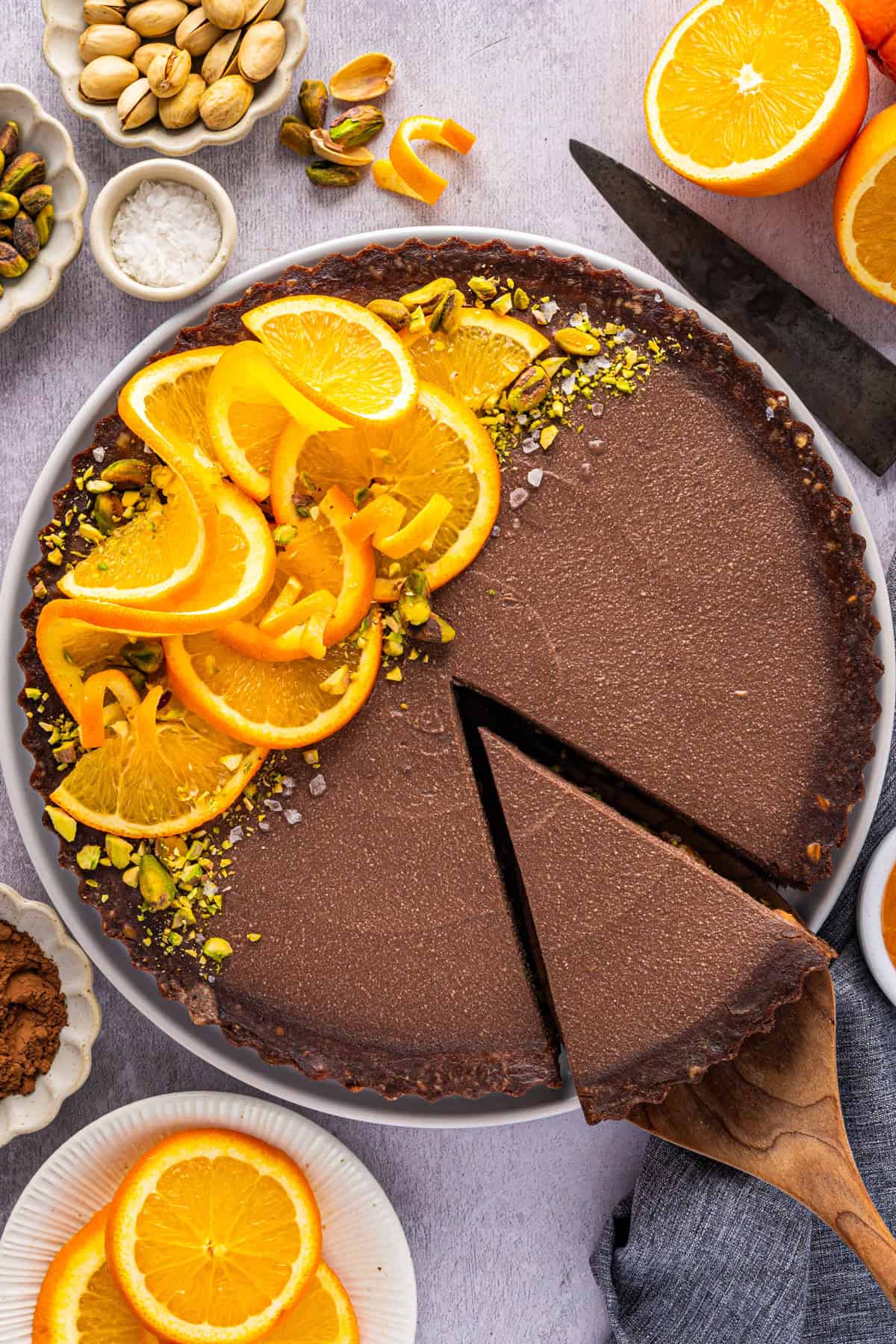 Chocolate Orange Tart on a white plate.