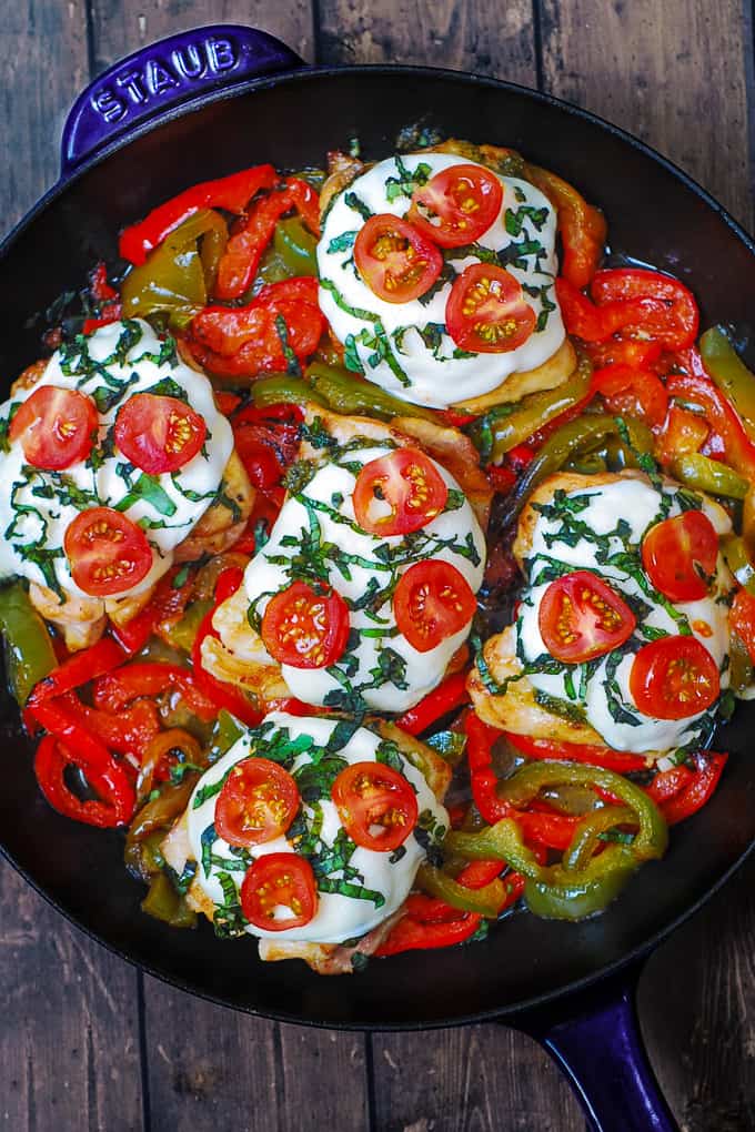 Chicken Margherita Skillet with Bell Peppers, Tomatoes, Mozzarella, and Basil Pesto.