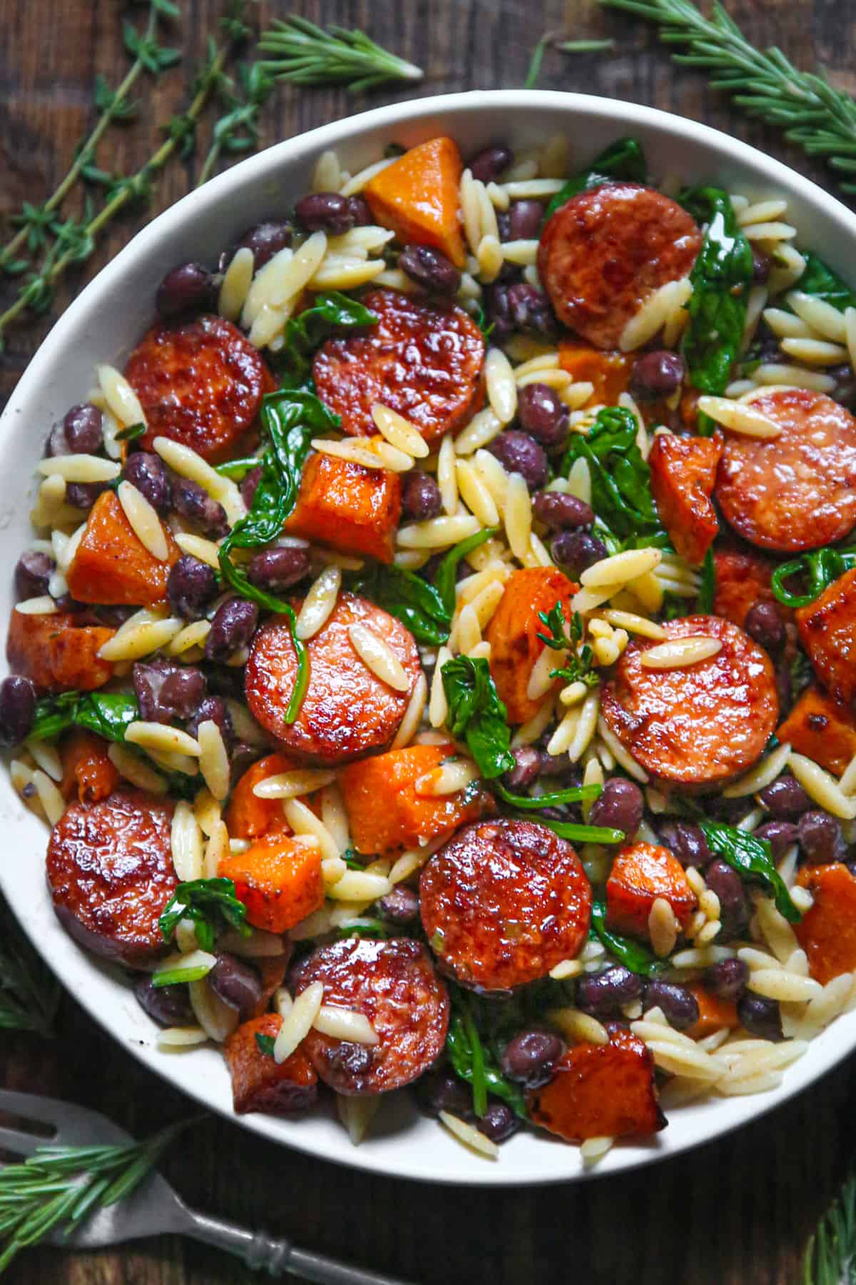 Butternut Squash and Black Bean Orzo with Sausage and Spinach.