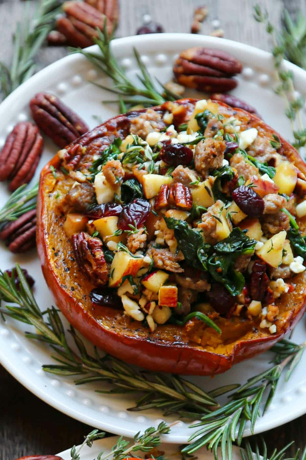 Stuffed Roasted Pumpkin with Sausage and Apples.