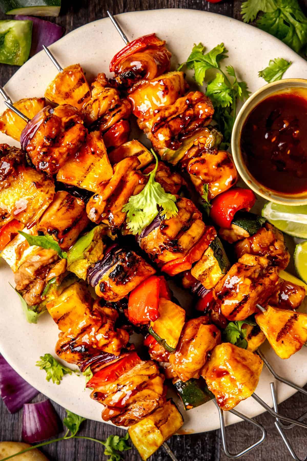 Hawaiian Chicken Pineapple Skewers on a plate.