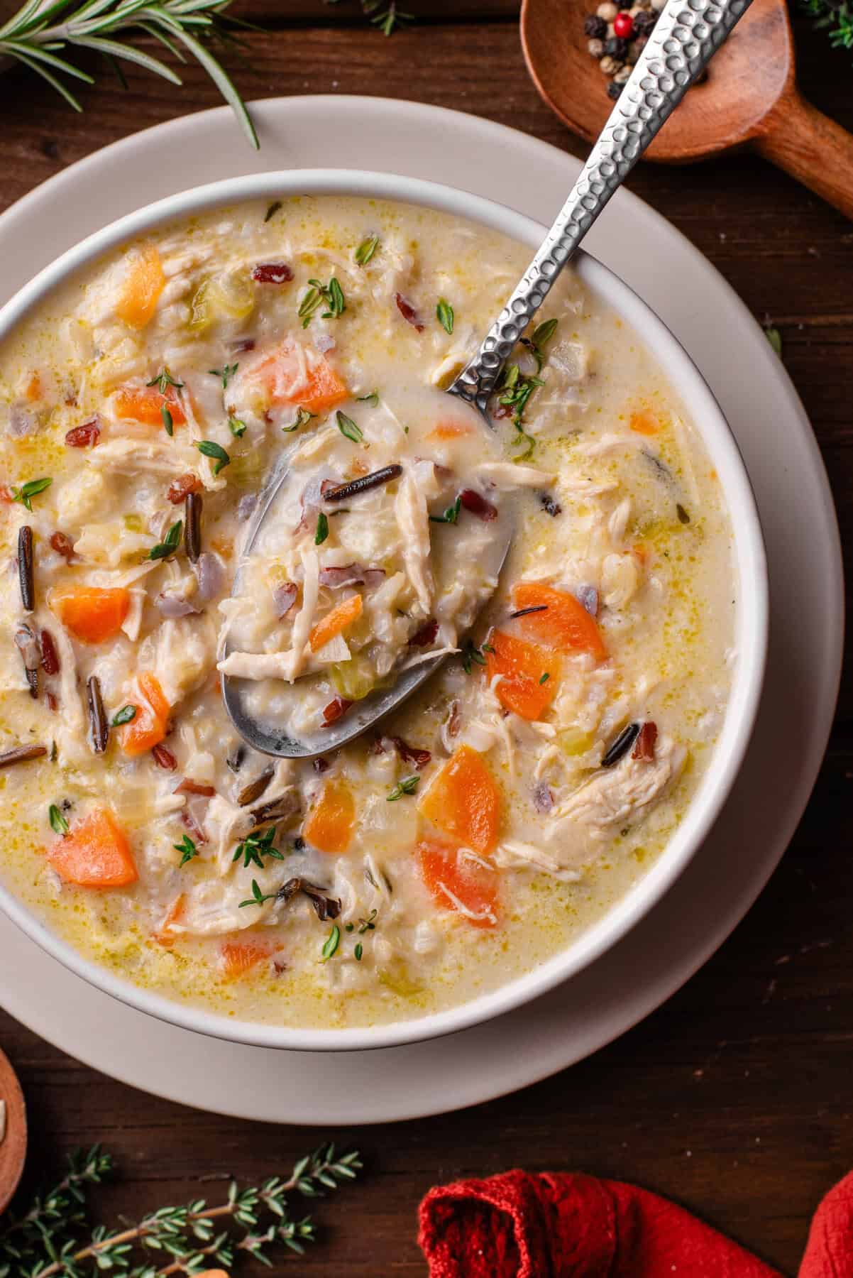 Creamy Chicken & Wild Rice Soup in a bowl.