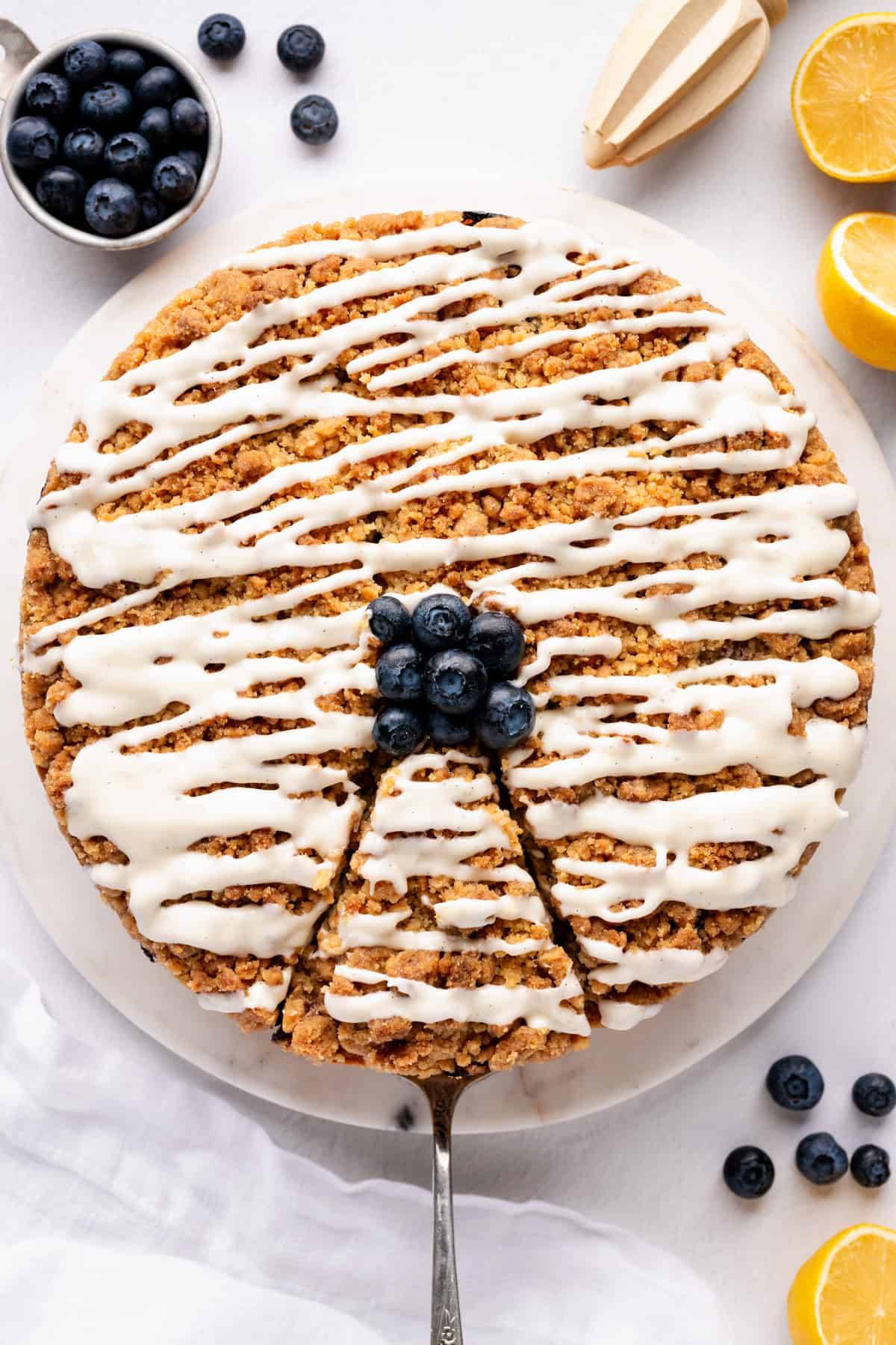 Blueberry Coffee with Streusel Crumble Topping and Lemon Cream Cheese Glaze.