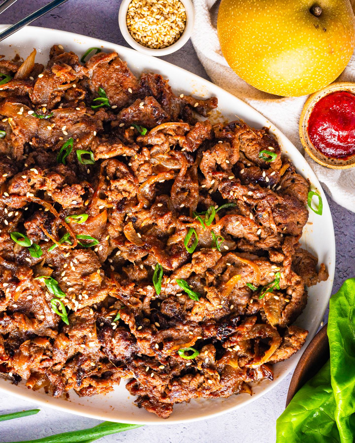 Beef Bulgogi (Korean BBQ Rib) on a large white platter.