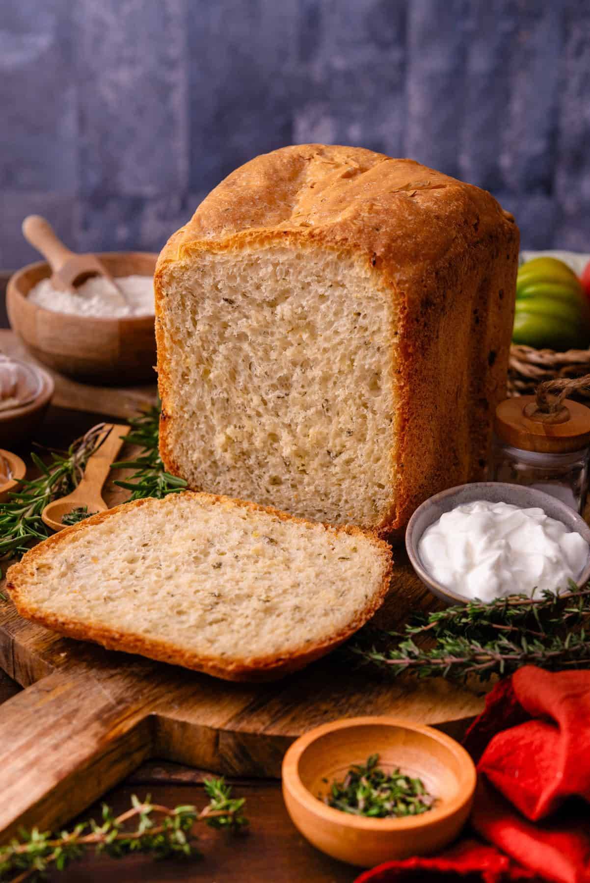 Bread Machine Garlic & Herb Loaf (with fresh rosemary, thyme, and real minced garlic). 