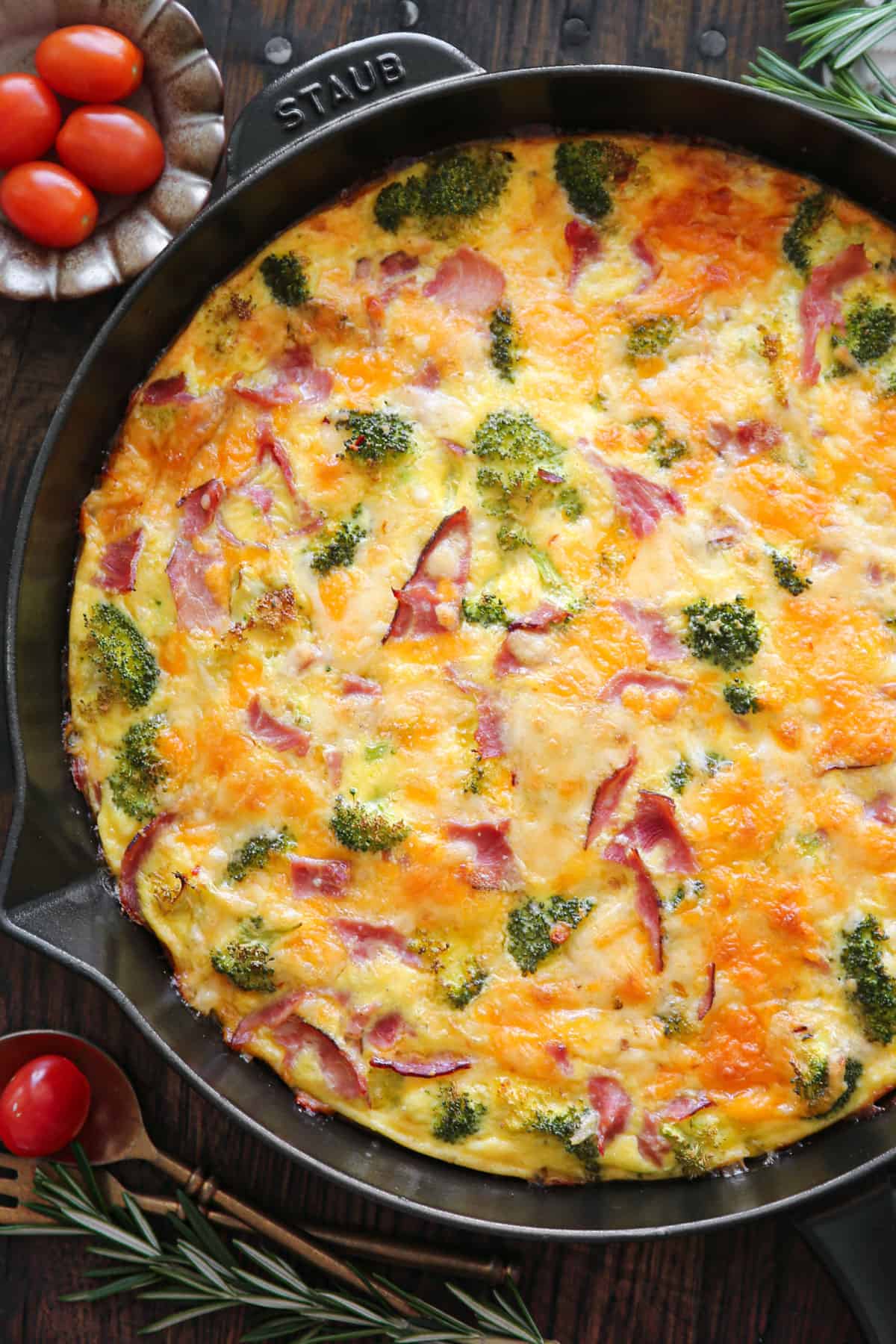 Frittata with Ham and Broccoli - in a cast iron skillet.