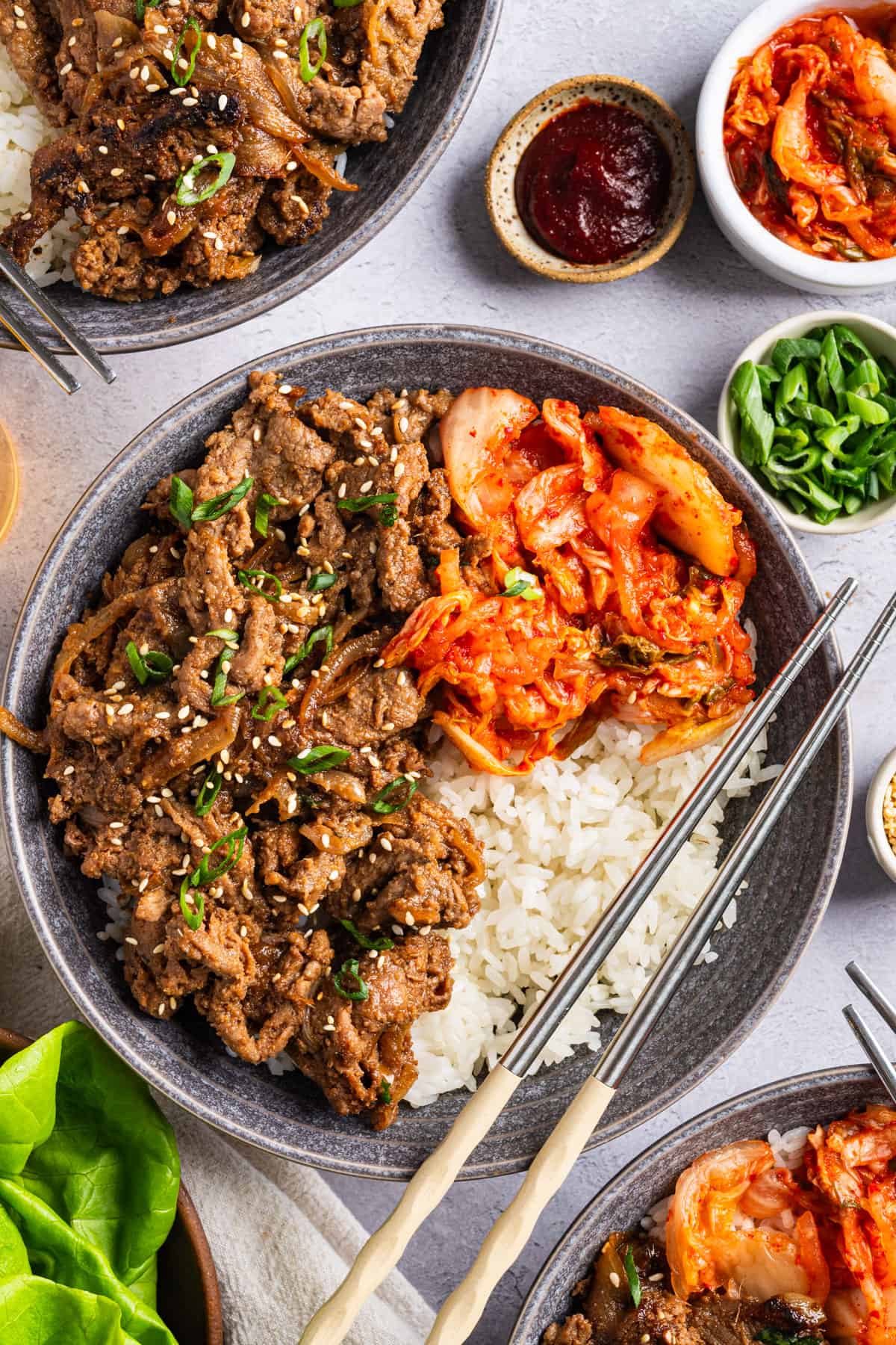 Beef Bulgogi Bowl with Rice and Kimchi.