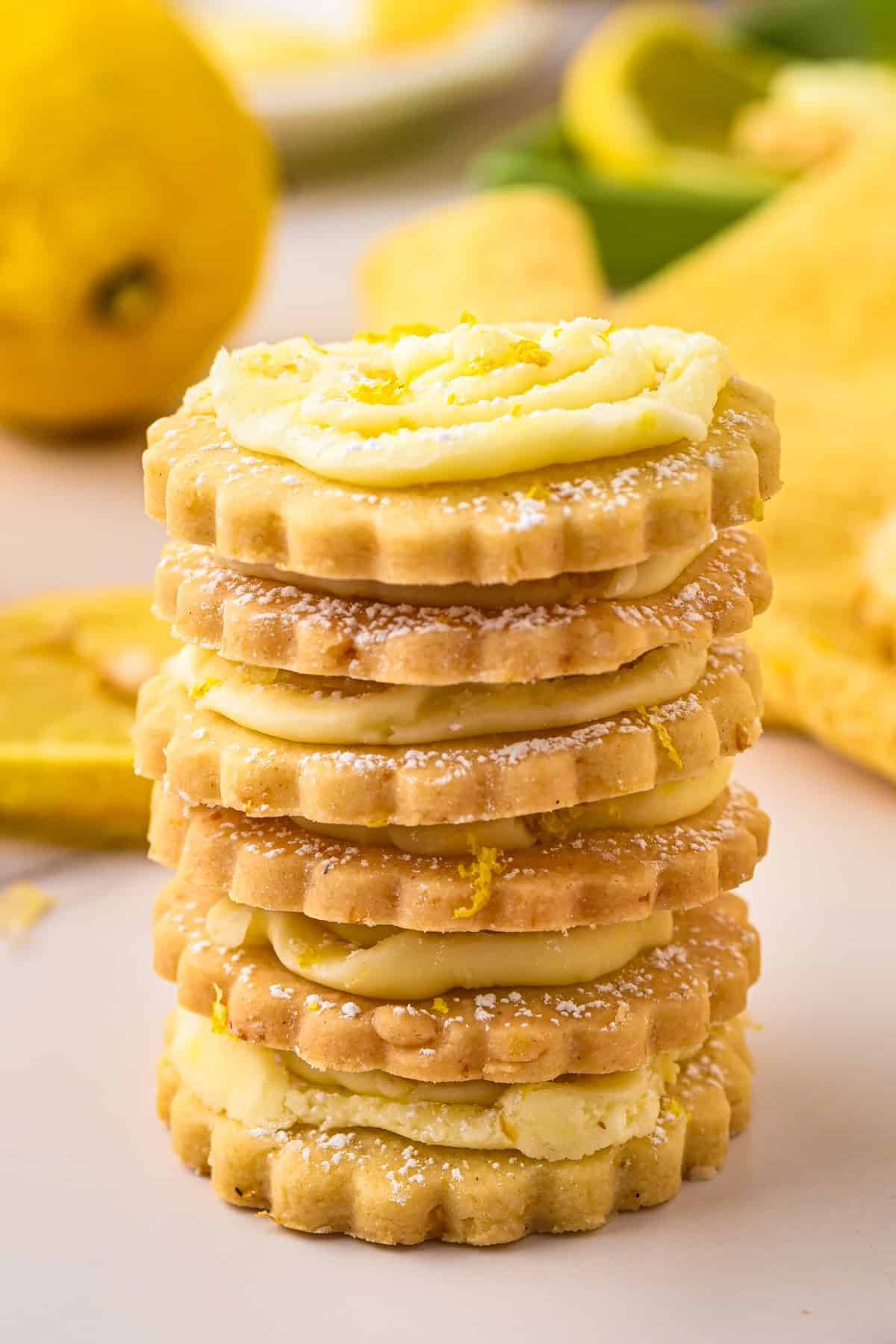 Classic Lemon Shortbread Cookies (stacked on each other).