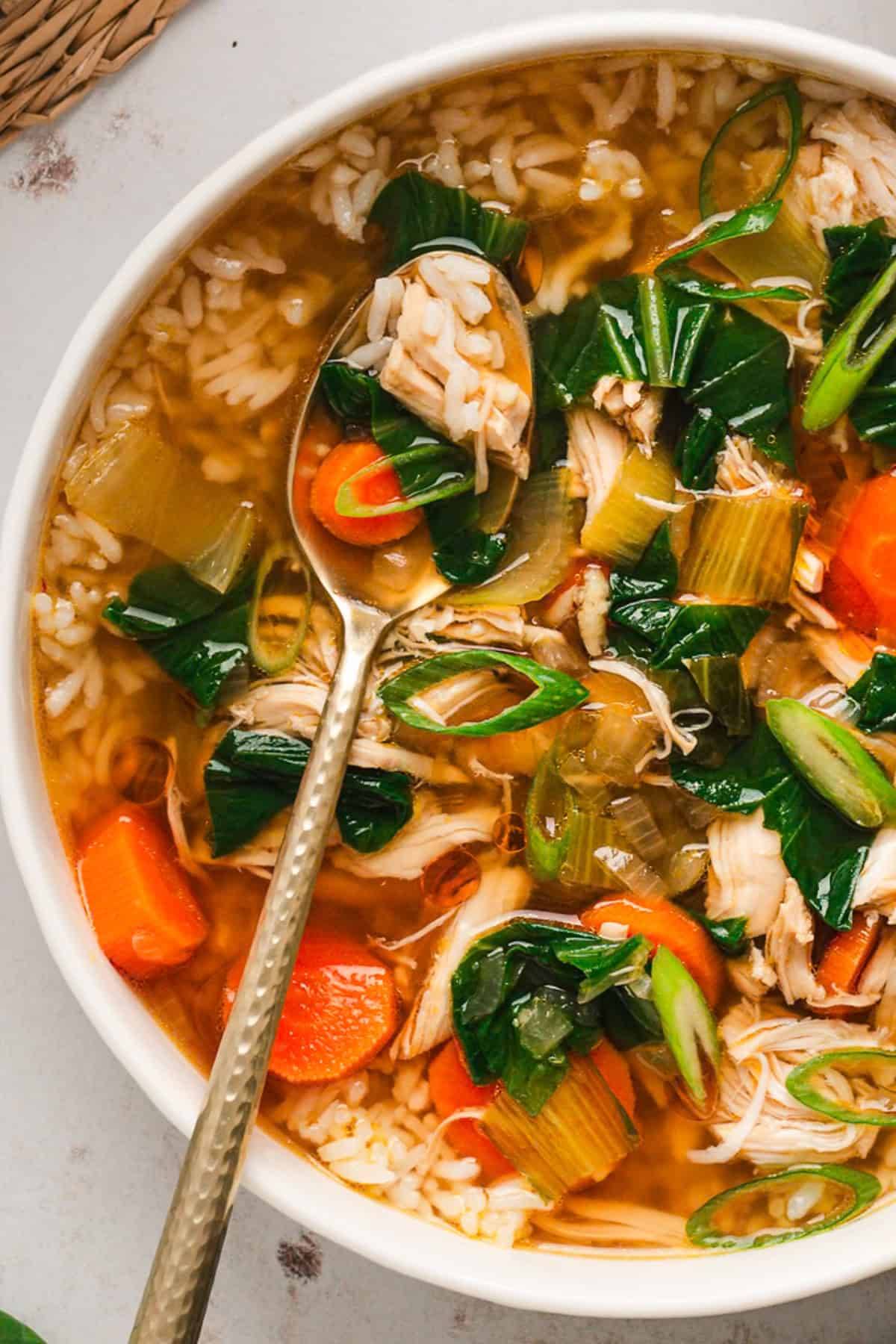 Asian Chicken Rice Soup in a bowl.