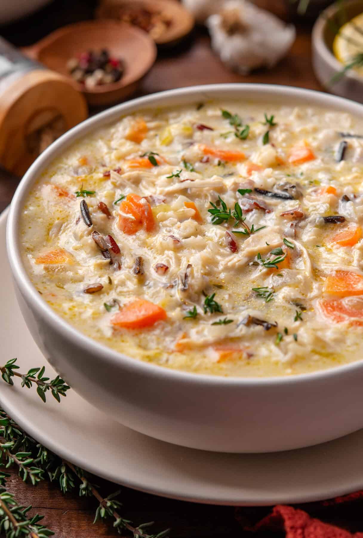 Creamy Chicken & Wild Rice Soup - in a bowl.