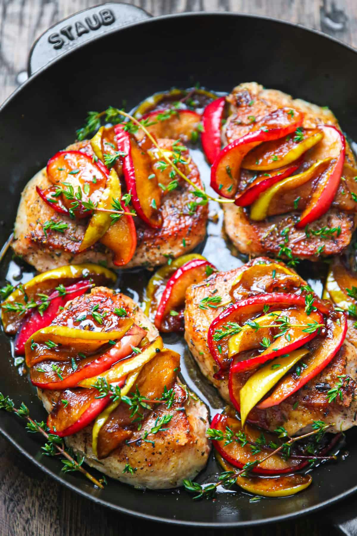 Pork Chops with Apples (caramelized with butter, brown sugar, cinnamon, and honey)