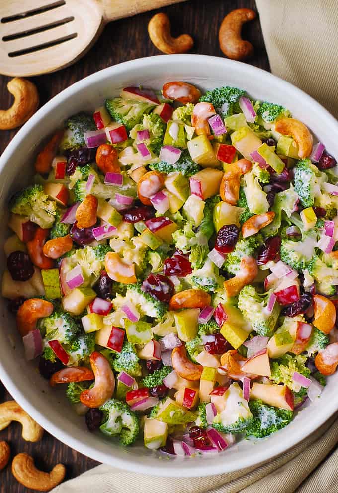 Creamy Broccoli Cashew Salad with Apples, Pears, and Cranberries.