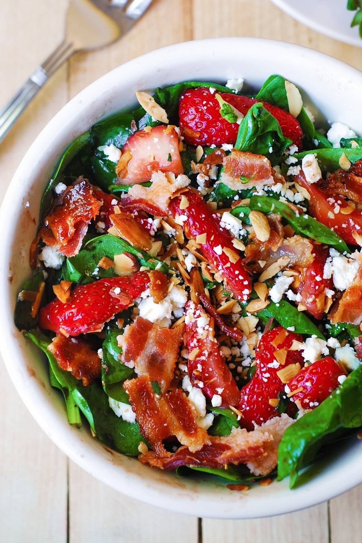 Strawberry Spinach Salad with Bacon, Feta, and Toasted Almonds