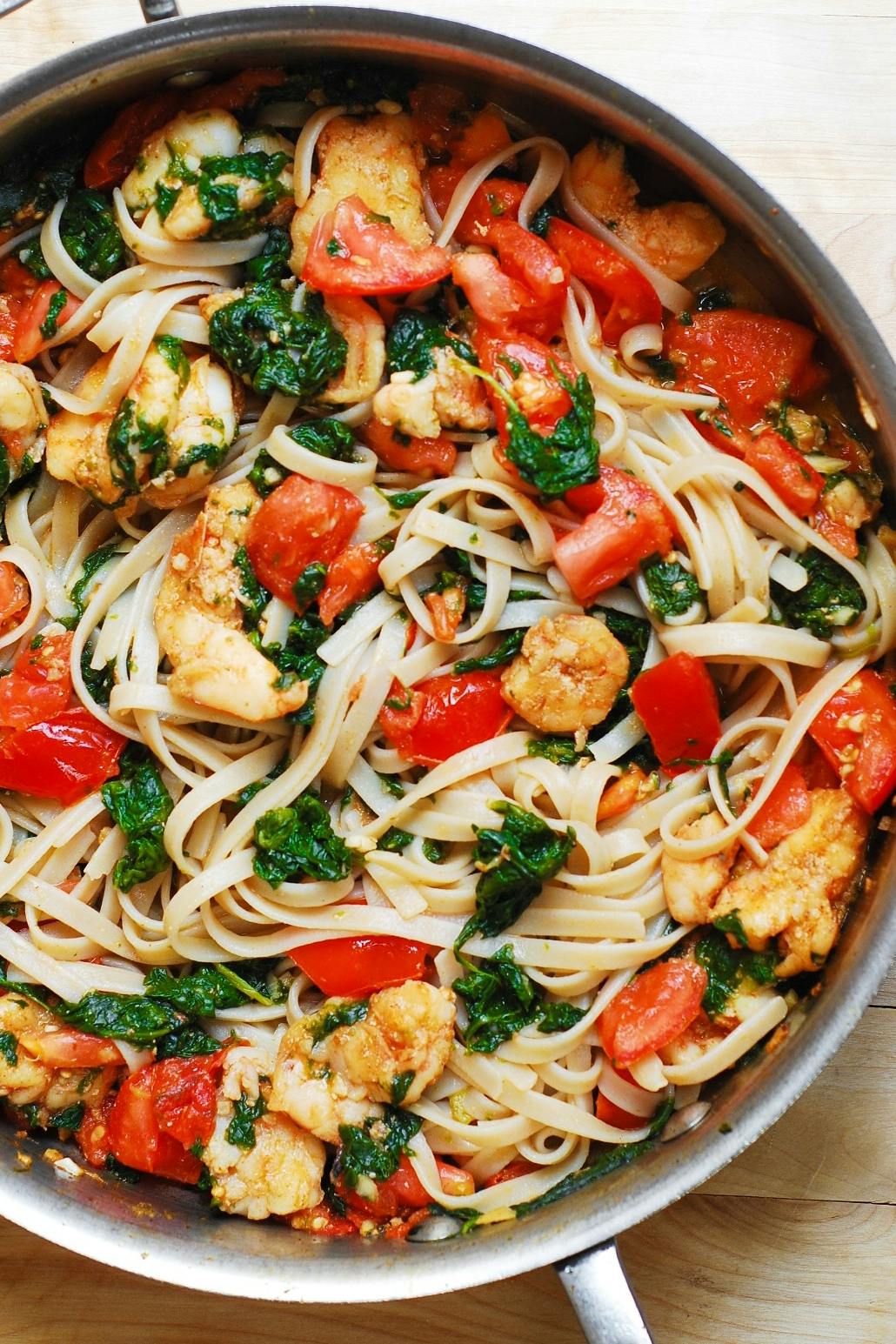 Shrimp Tomato Spinach Pasta in Garlic Butter Sauce