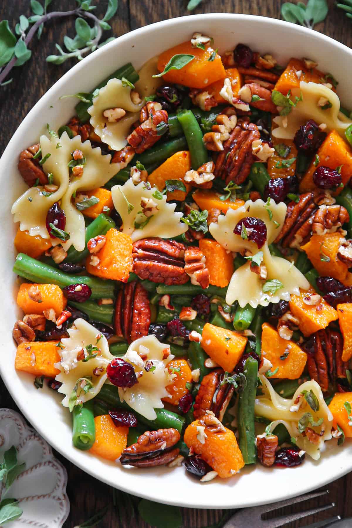 Green Bean and Butternut Squash Pasta Salad in a bowl.
