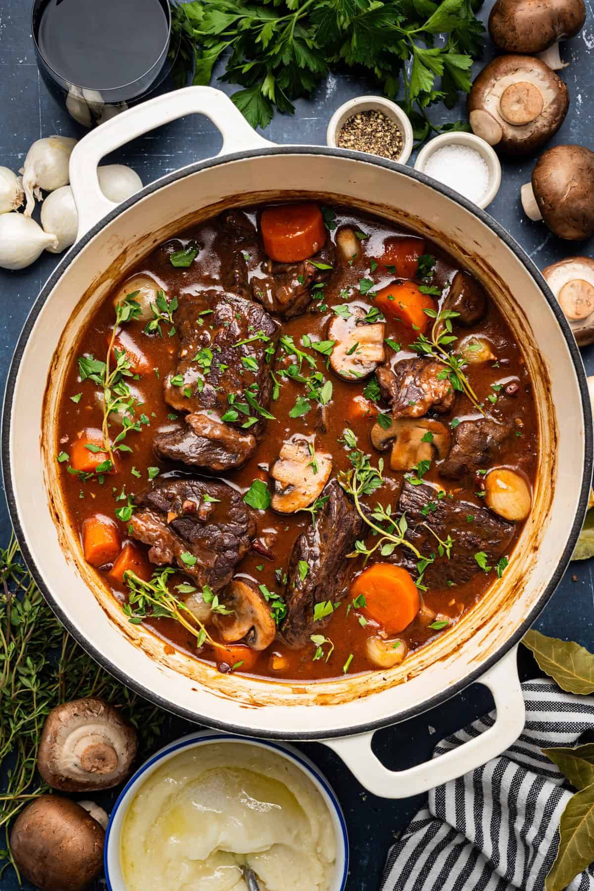Beef Bourguignon (French Red-Wine Beef Stew) in a Dutch oven.