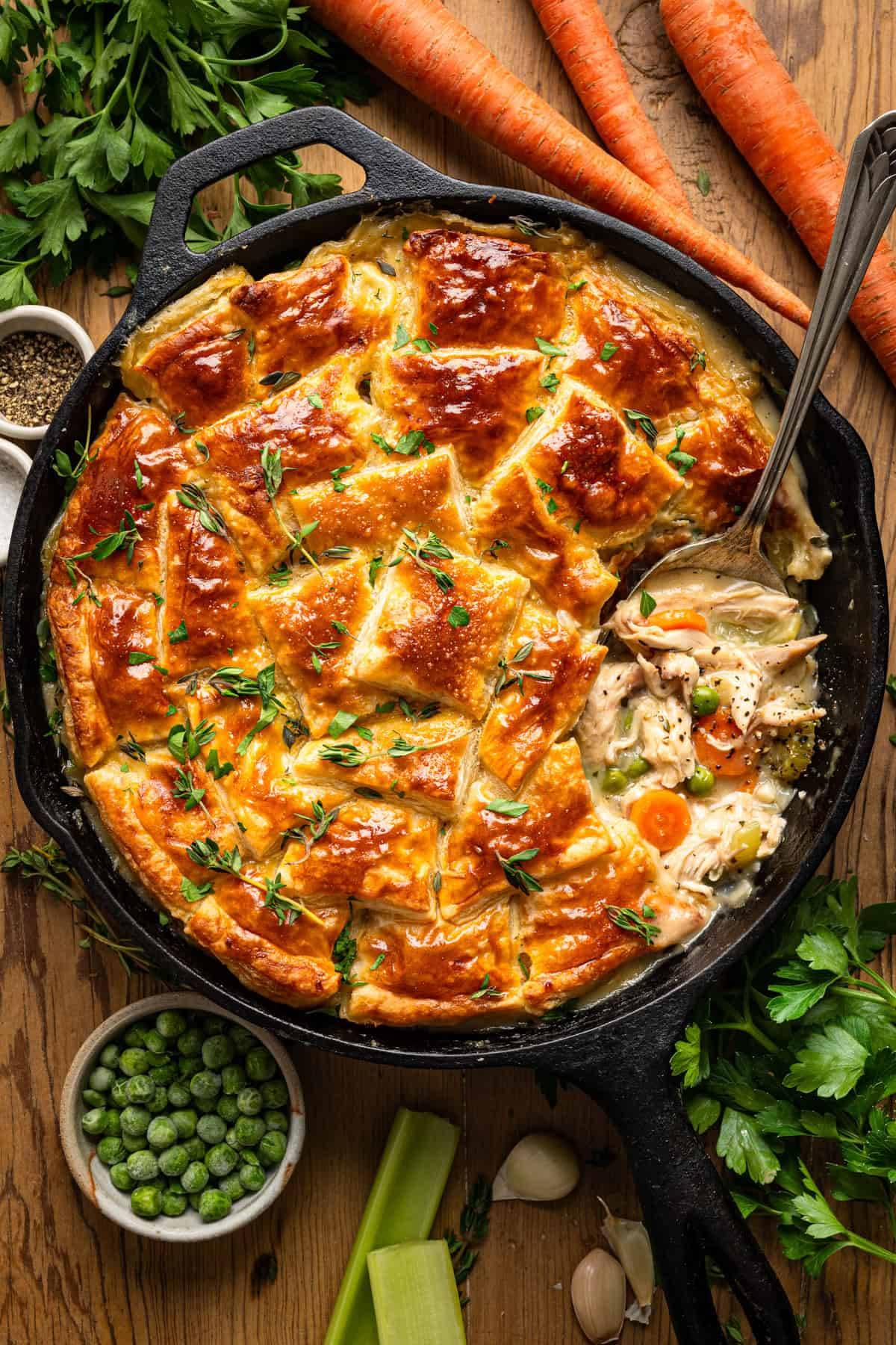 Puff Pastry Chicken Pot Pie in a cast iron skillet.