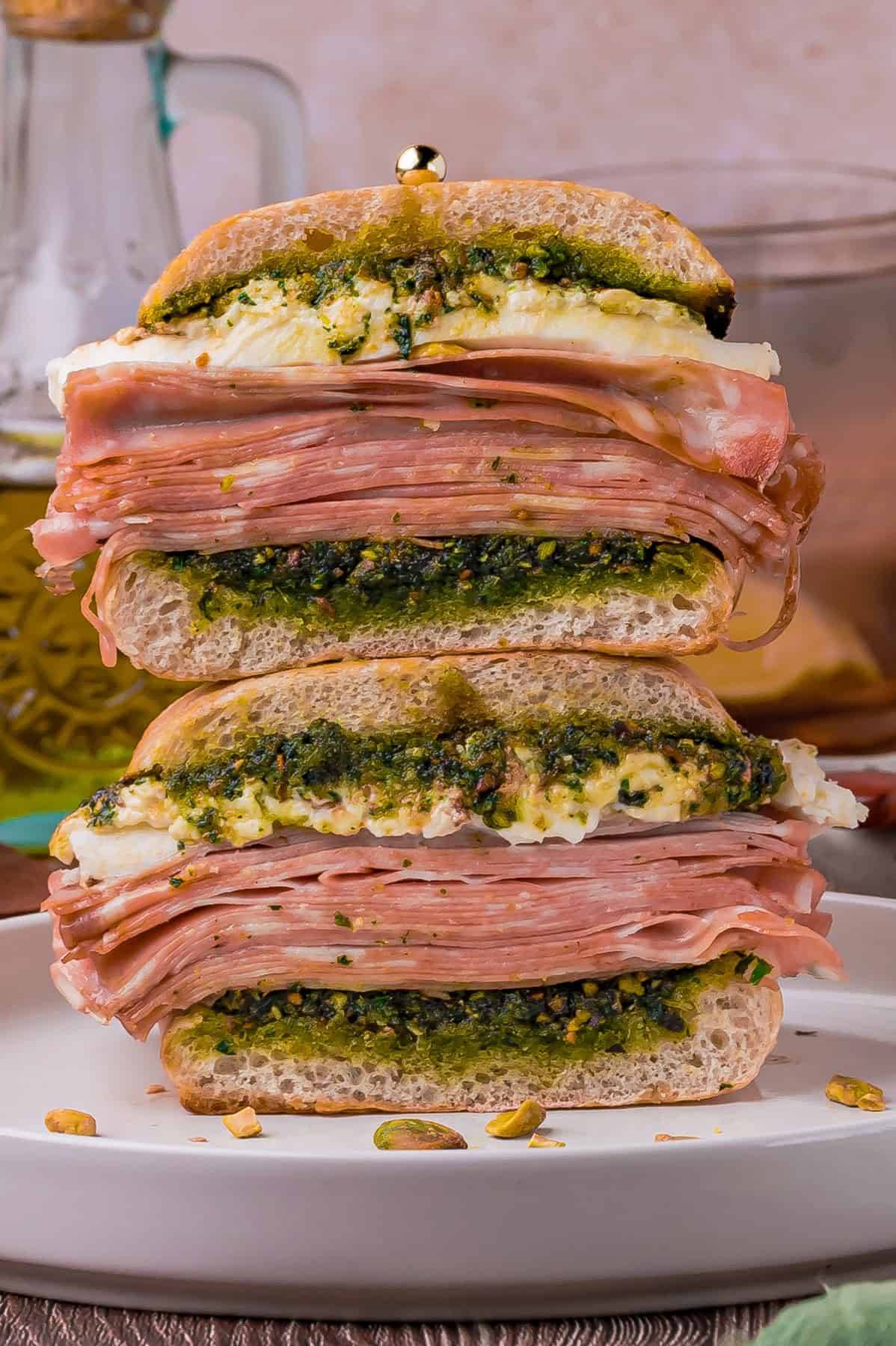 Mortadella Sandwich with Burrata Cheese and Pistachio Pesto.