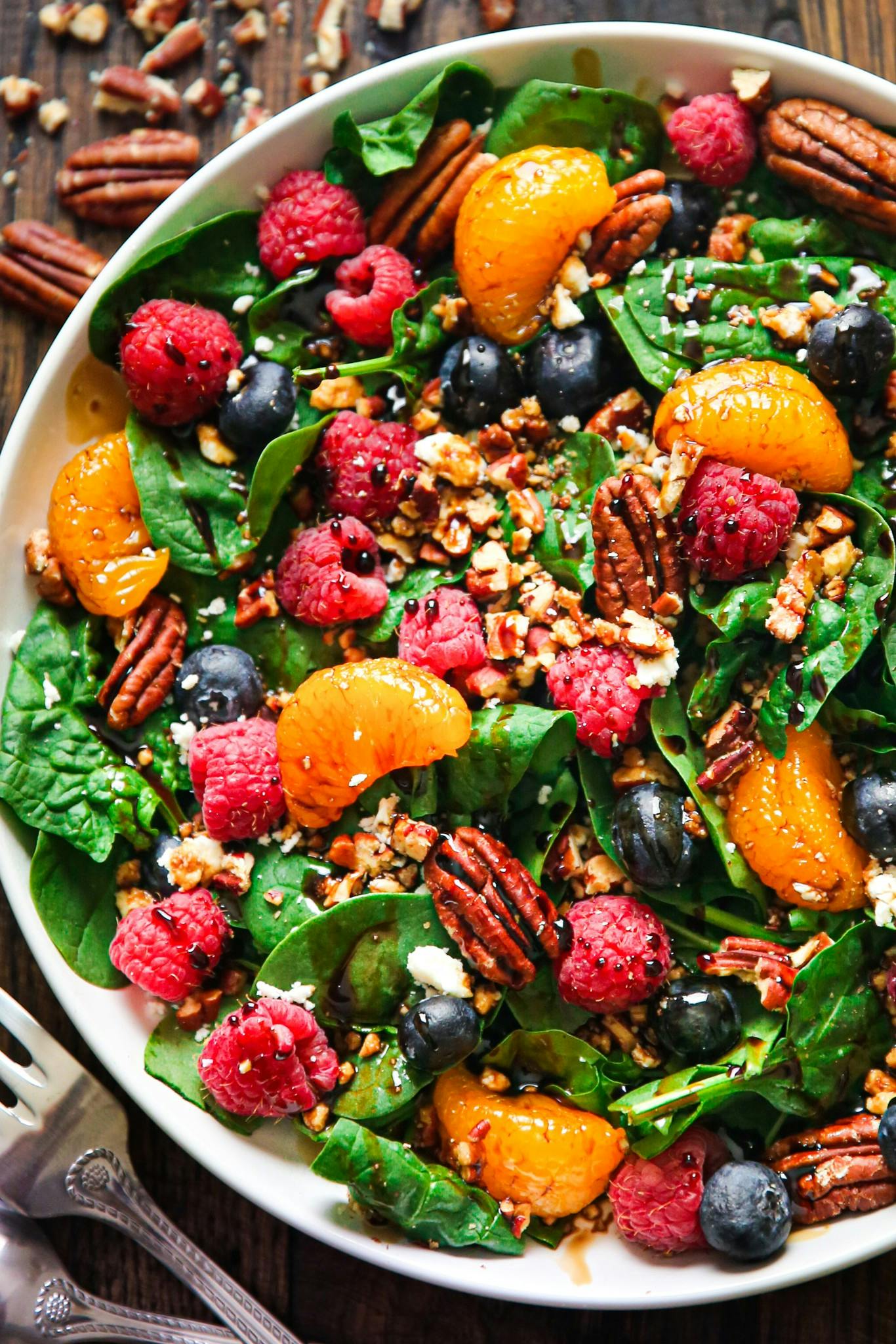 Berry Spinach Salad with Blueberries, Raspberries, Mandarin Oranges, Pecans, Feta, and Balsamic Dressing